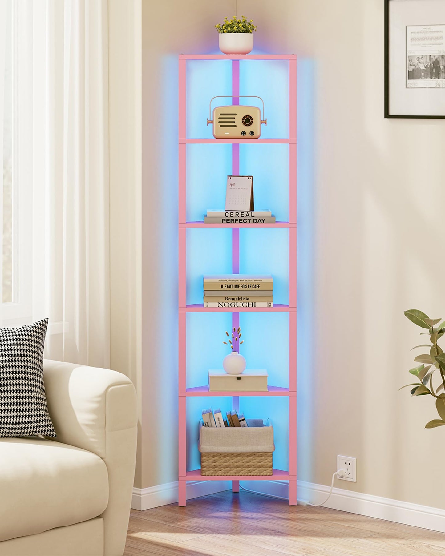TUTOTAK Corner Shelf with LED Light, 6-Tier Corner Bookshelf for Small Space, Narrow Display Corner Shelf Stand with Storage Rack, for Living Room, Bedroom, Pink BS05BP006L