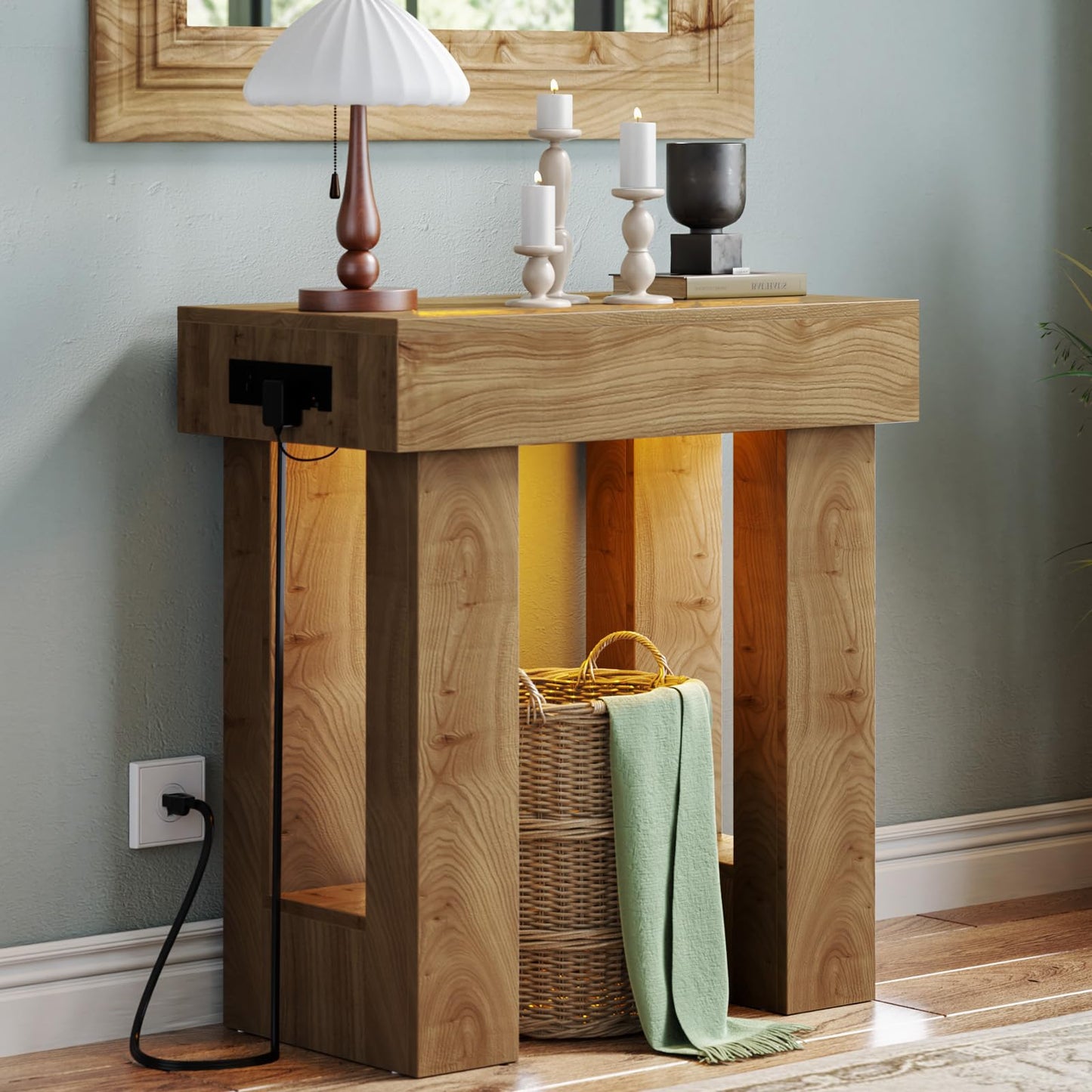 Unikito 32" Entryway Table with Socket and Sensor Light, Narrow Console Table with Storage Behind Couch, Farmhouse Entryway Table for Hallway, Behind the Couch, Living Room, Foyer