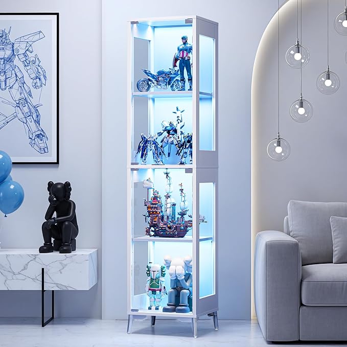 Glass Display Cabinet, 4-Tier Curio Cabinet, Adjustable Shelves, 000 Color