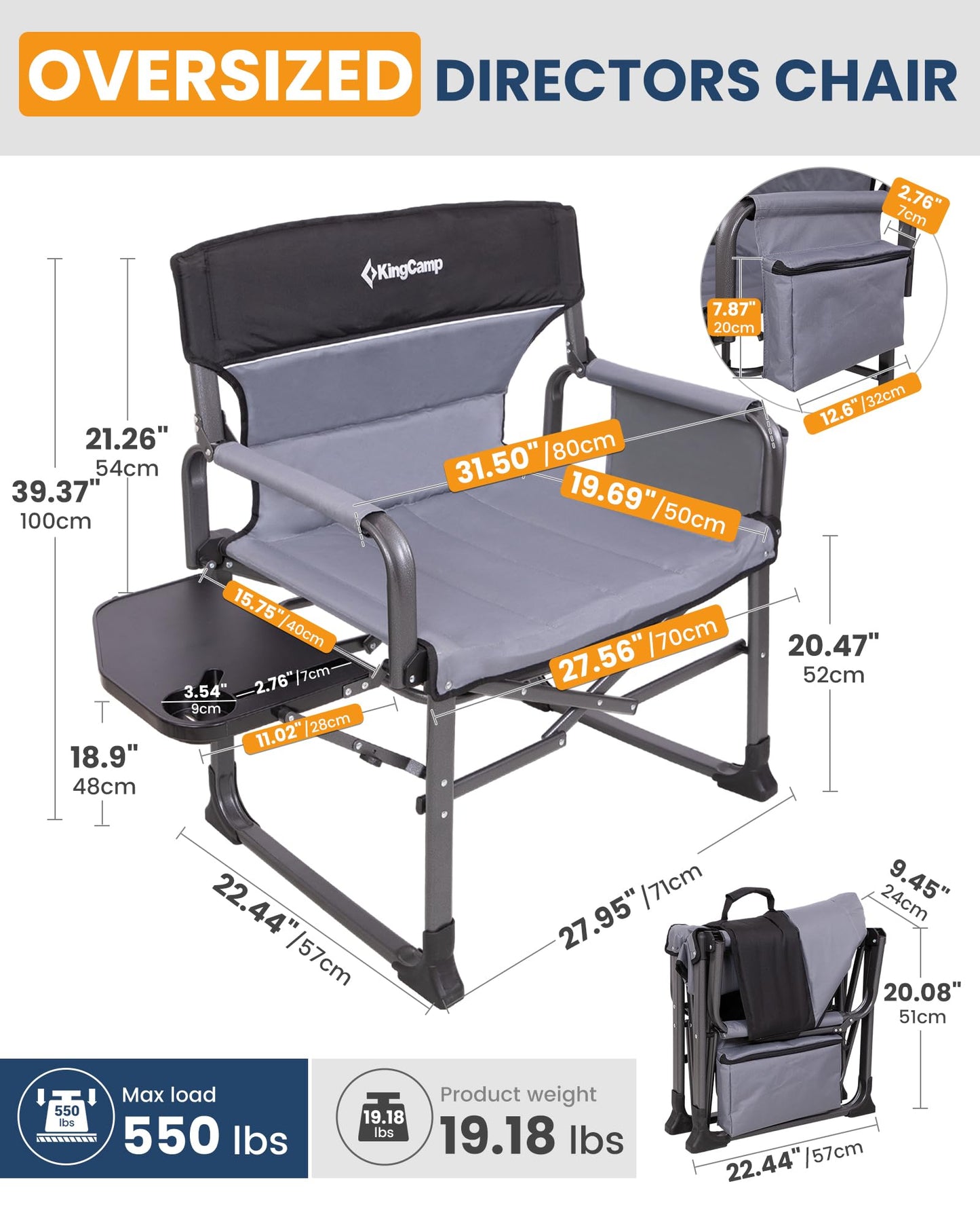 KingCamp XXL Heavy Duty Camping Directors Chair 550lbs Capacity, Extra Wide Oversized Camp Chairs with Side Table & Cooler Bag, Compact Padded Folding Chair for Big and Tall Outdoor Sports Picnic Lawn