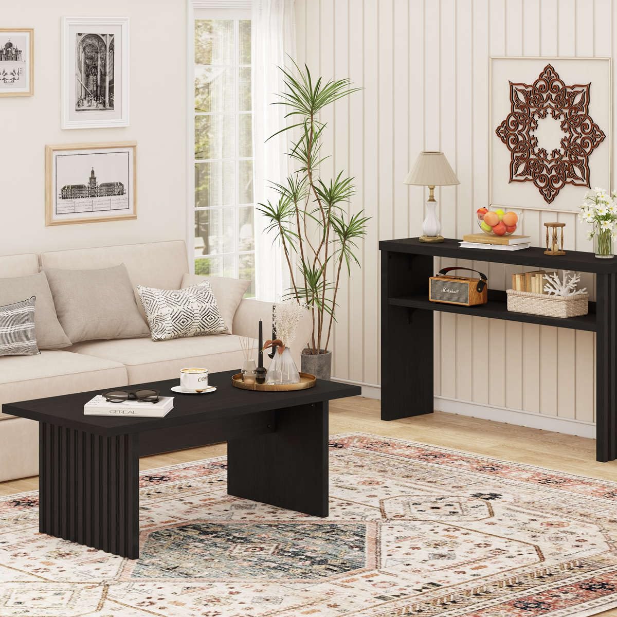 BON AUGURE Black Coffee Table, Modern Coffee Tables for Living Room, Wooden Center Table, Living Room Tables for Home, Office (Black Oak, 43Inch)