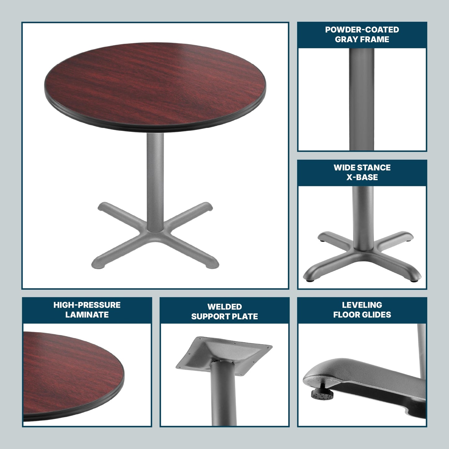 OEF Furnishings OEFCTG13636XDMY Premium Commercial-Grade Restaurant and Breakroom Cafe Table (Round, 36 in Diameter, 30 in Dining Height, X-Base, Gray Frame, Mahogany Laminate)
