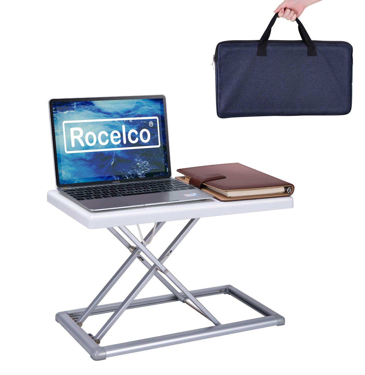 Rocelco 19" Portable Laptop Riser, Height Adjustable Travel Standing Desk Converter, Premium Compact Sit Standup Keyboard Monitor Rising Workstation with Carry Bag, White R PDRW