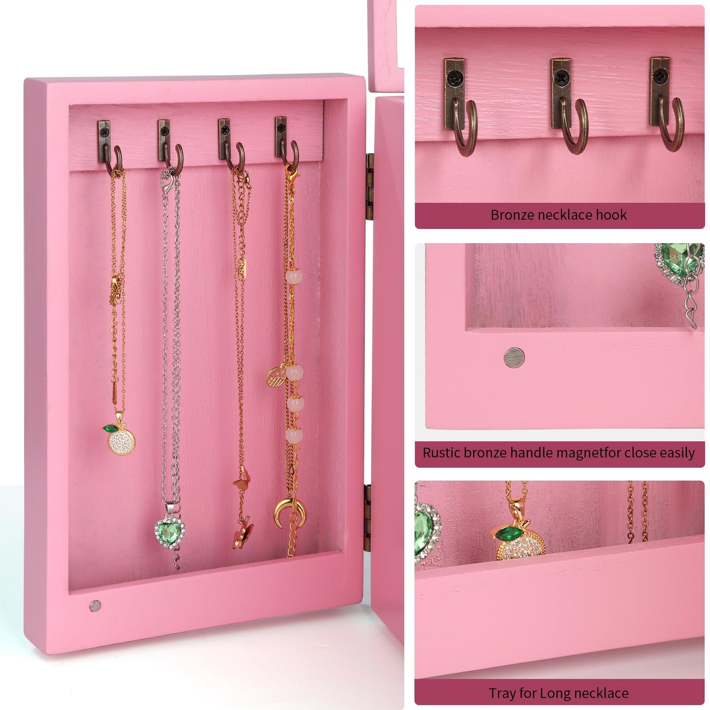 Meangood Jewelry Box Wood for Wowen, 5-Layer Large Organizer Box with Mirror & 4 Drawers for Rings, Earrings, Necklaces, Pink