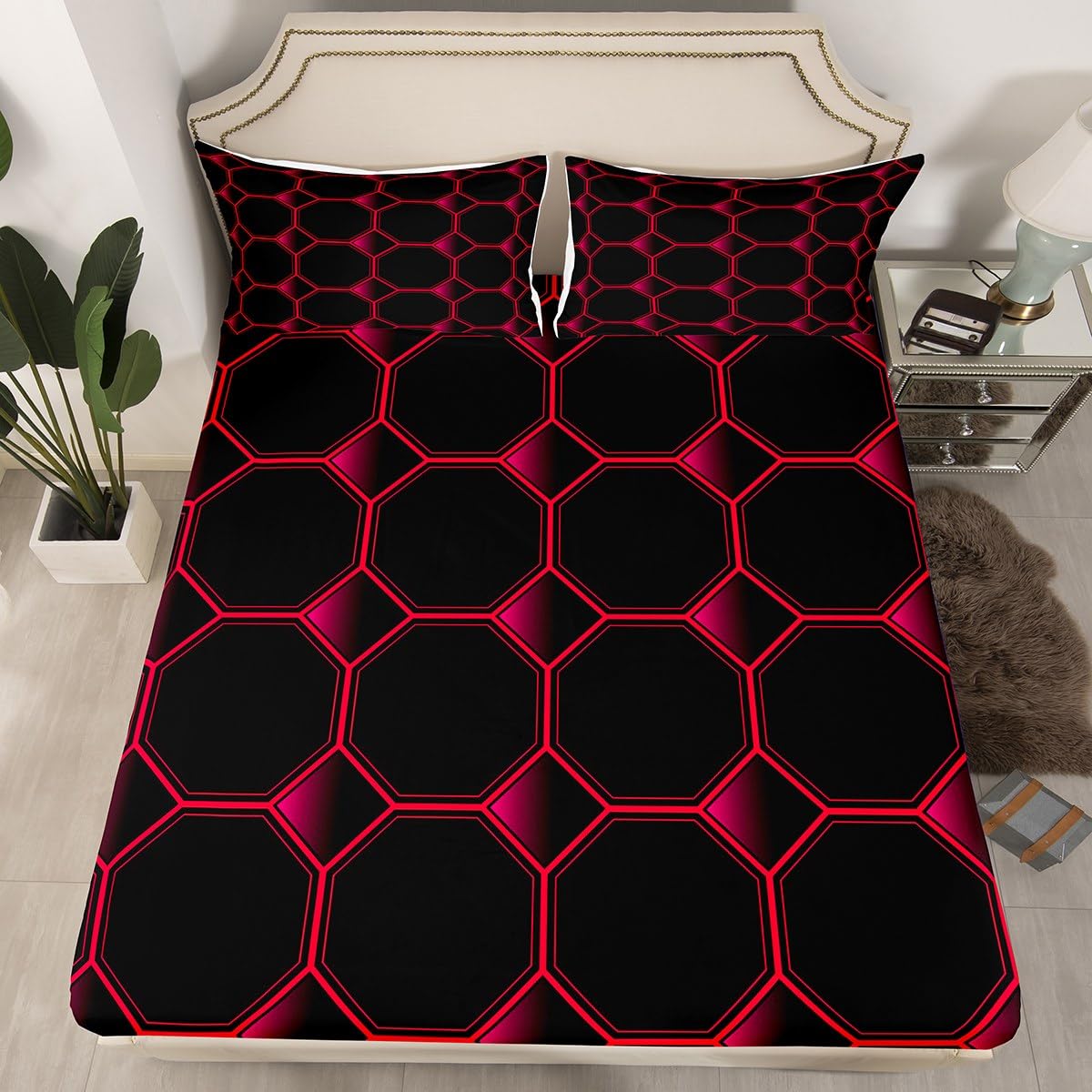 Honeycomb Bed Sheets Set Queen Size Geometric Hexagonal Beehive Sheet Set for Boys,3D Stereoscopic Red Hexagon Sheets,Neon Simplistic Geometrical Black Room Decor