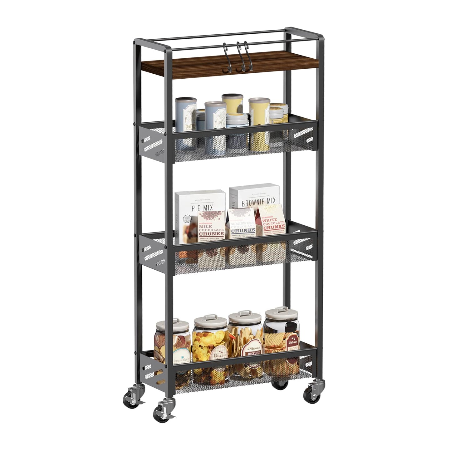 DGSNADGO Slim Rolling Storage Cart, 4-Tier Kitchen Cart on Wheels, Narrow Utility Cart with Handle and Wooden Tabletop for Small Space in Kitchen, Living Room, Bathroom, Rustic Brown and Black