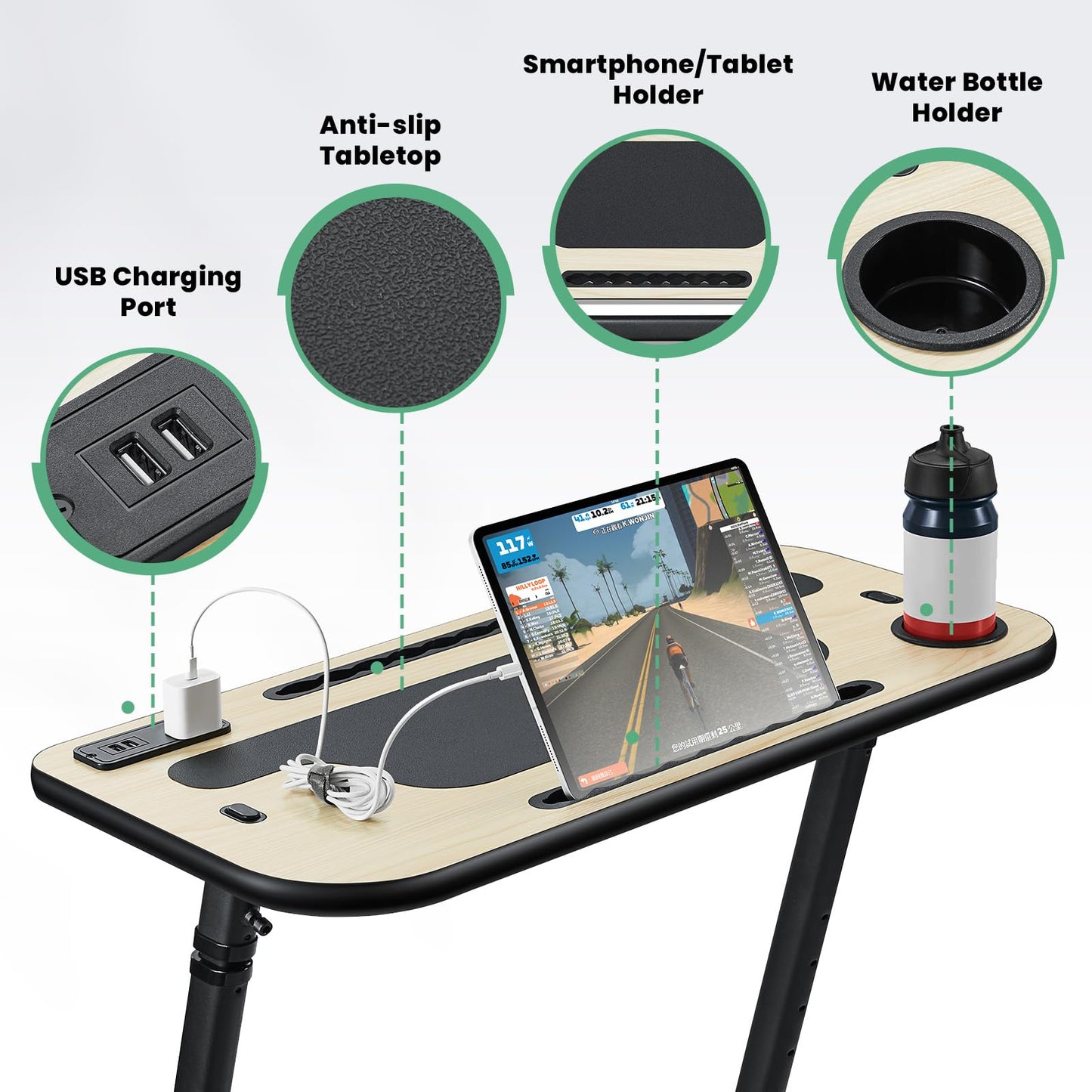 RideNow Roller Trainer Table, Adjustable Bike and Treadmill Table with Lockable Wheels, Non-Slip Work Surface with Power Outlets, Tablet or Phone Slot, Drink Holder