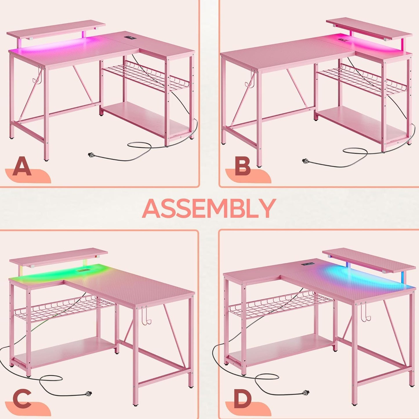Bestier Pink Computer Desk with Power Outlets,42 LED Small Gaming Corner Desk with Reversible Storage Shelves,L Shaped Desk with Headset Hooks Studying and Workstation Desk for Office and Bedroom