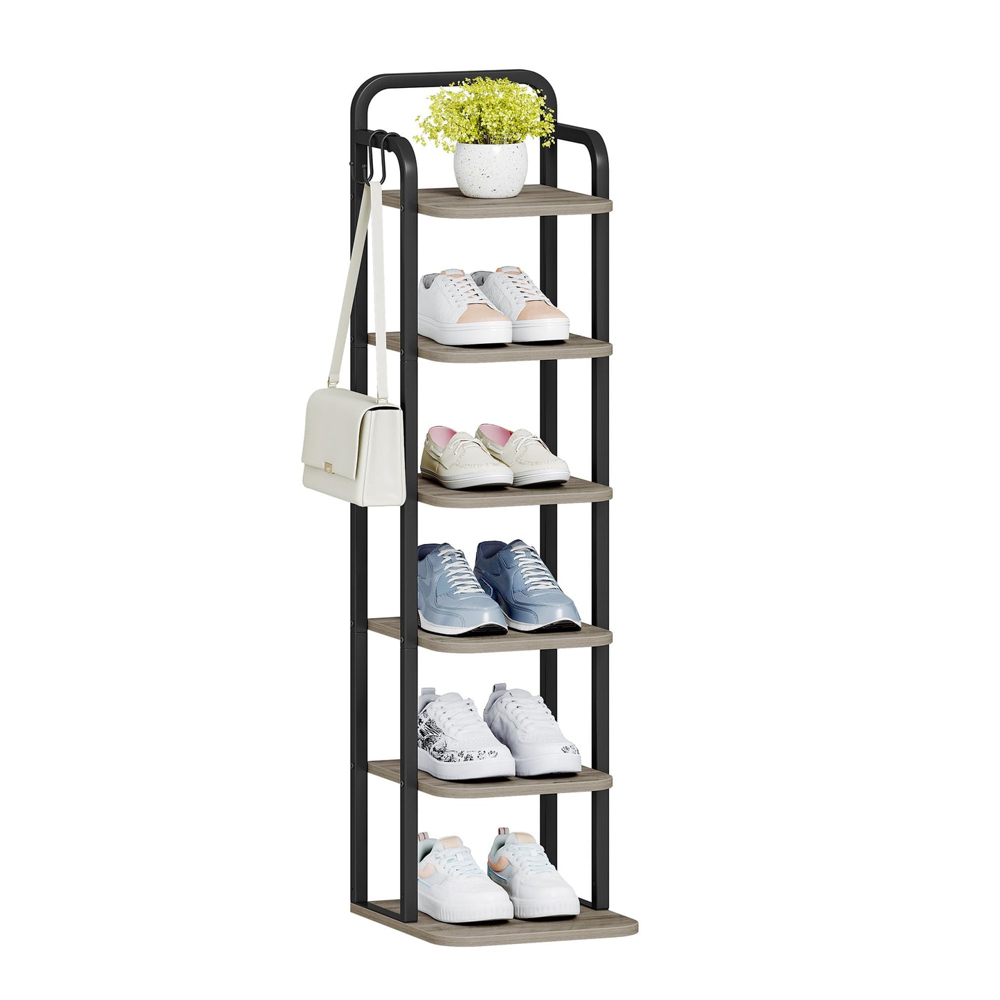 Hzuaneri 6 Tiers Vertical Shoe Rack, Narrow Shoe Tower, Tall Shoes Shelf with 2 Hooks, Adjustable Shelves, Corner Shoes Shelves for Small Spaces, Entryway, Living Room, Greige, SR04205B