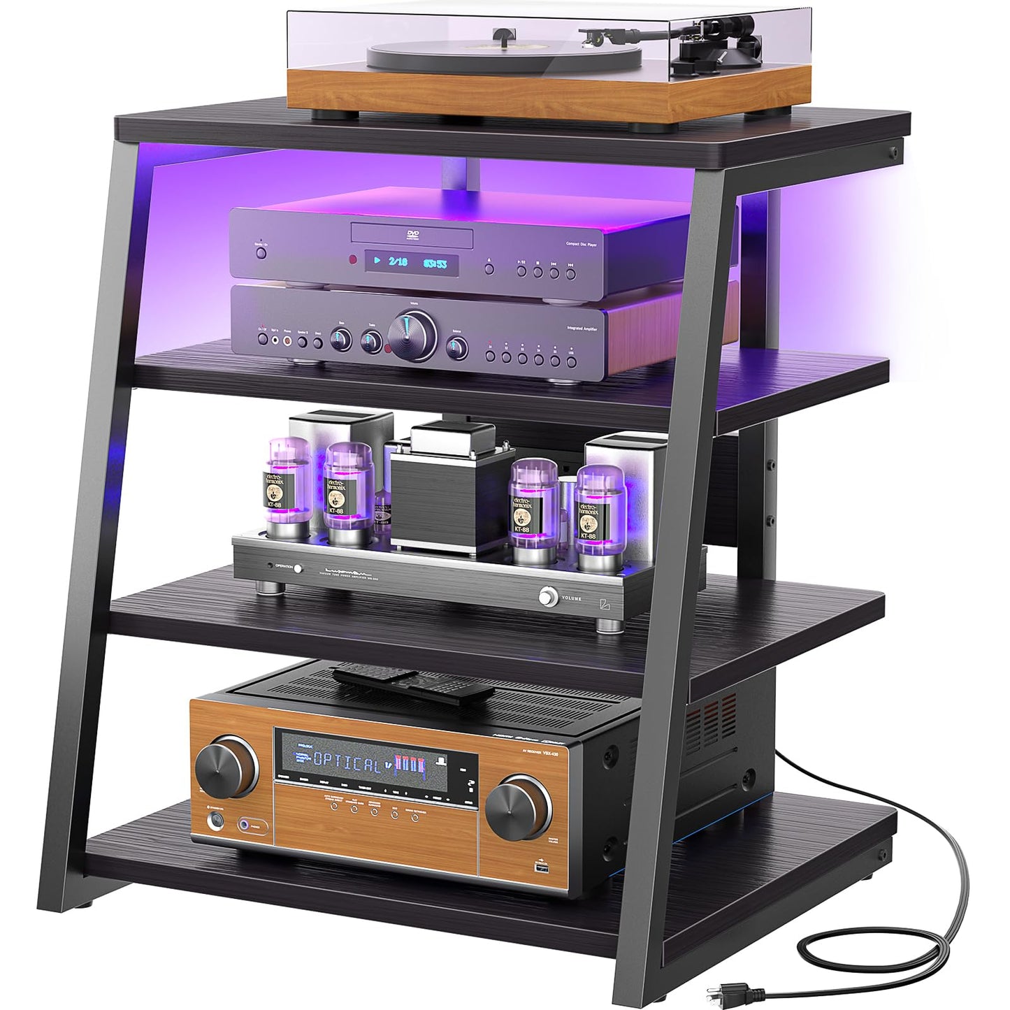 Armocity 4-Tier AV Media Stand with Power Strips, Stereo Stand with LED Lights, Rack Audio Tower with Adjustable Shelves, Small Entertainment Center, 30'', Black Ebony
