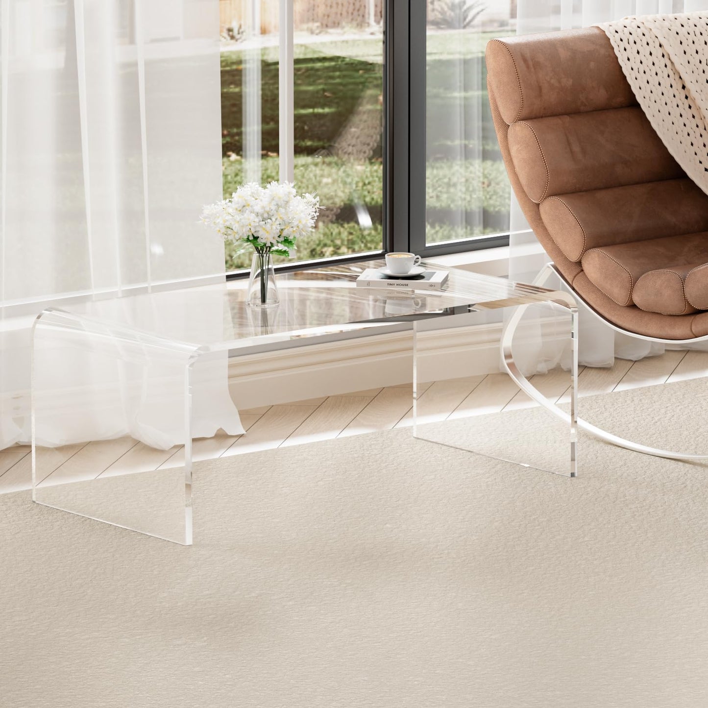 TPZLRN Premium Acrylic Coffee Table, 35.5" D x 17.8" W x 13.8" H Modern Clear Coffee Table, 0.6'' Thick Rectangle Waterfall Table for Living Room, Office, Hotel, Showroom, Transparent