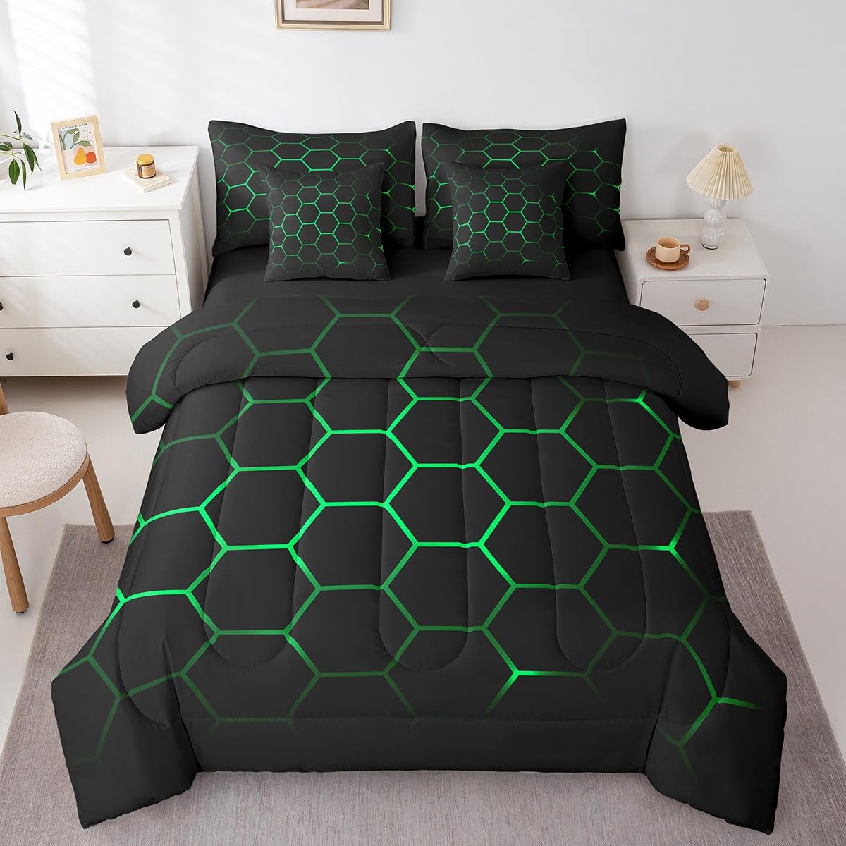 Feelyou Hexagonal Bed in a Bag 3D Geometric Honeycomb Comforter Set with Sheets for Kids Boys Girls Luxury Beehive Hexagon 7 Piece Bedding Set Neon Green Black Decor Bed Set Twin Size