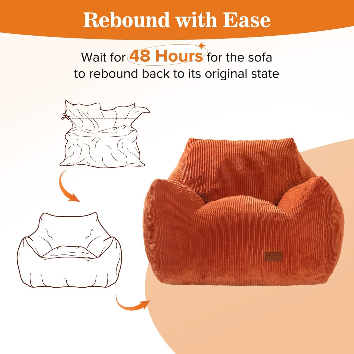 Vellorise Big Bean Bag Chair for Adults, Ultra Soft Living Room Bean Bag with Armrests, Stuffed BeanBag Chair for Napping, Gaming, Vacuum-Compressed for Easy Gifting, 48 Hours to Fluffs Up, Orange