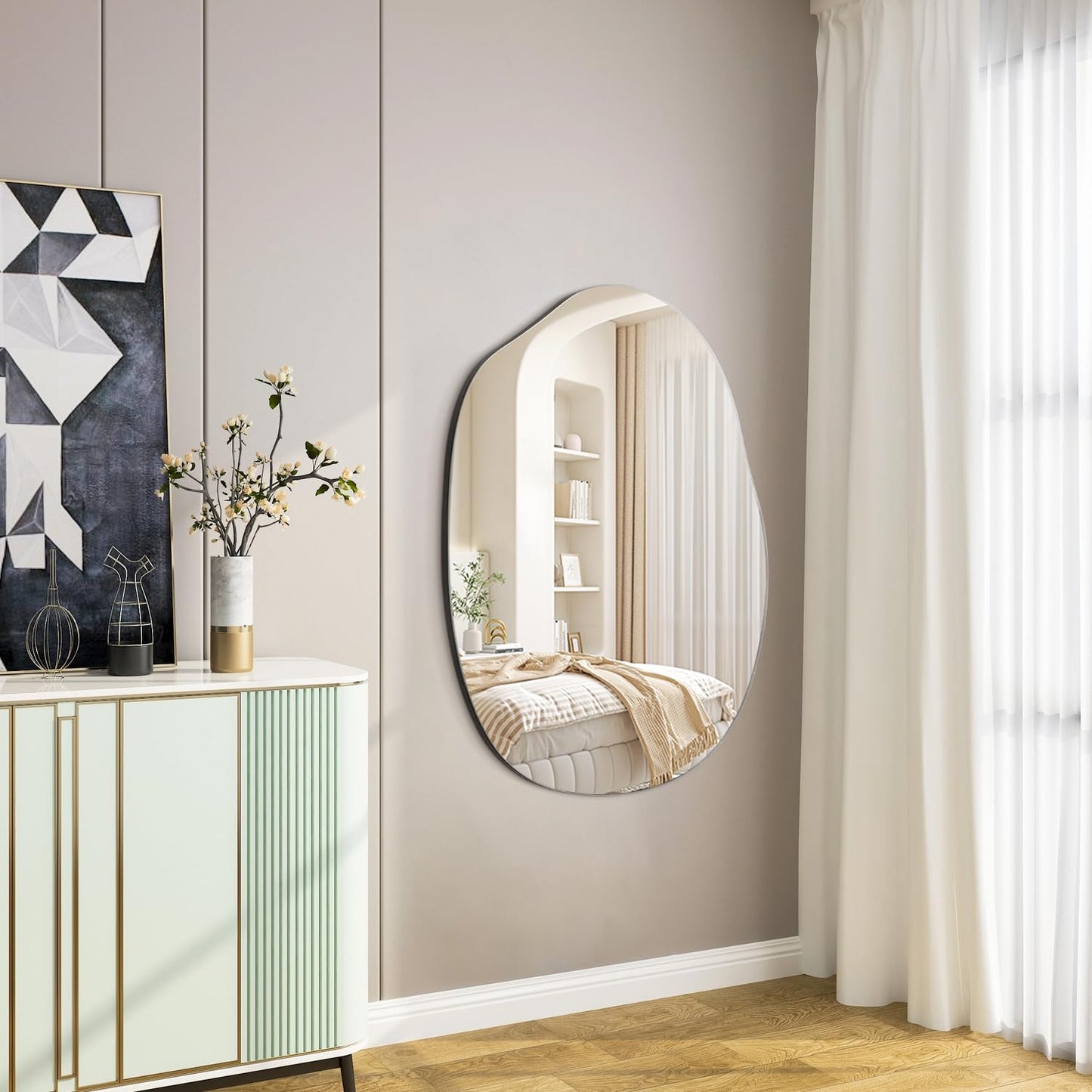 Lzuso Bathroom Wall Mirror Wood Framed Modern Decorative Irregular Asymmetrical Mirrors for Bedroom Living Room Entryway Dressing Table Wall Decoration Room Decor 26" L x 18" W