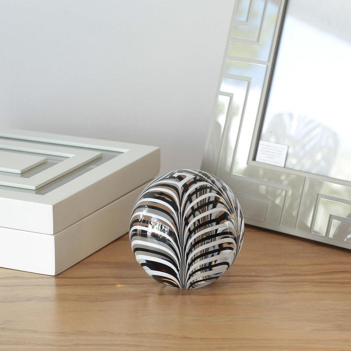 Ca D Oro Ball Glass Paperweight Black and White Feather Pattern Hand Blown Murano-Style Art Glass