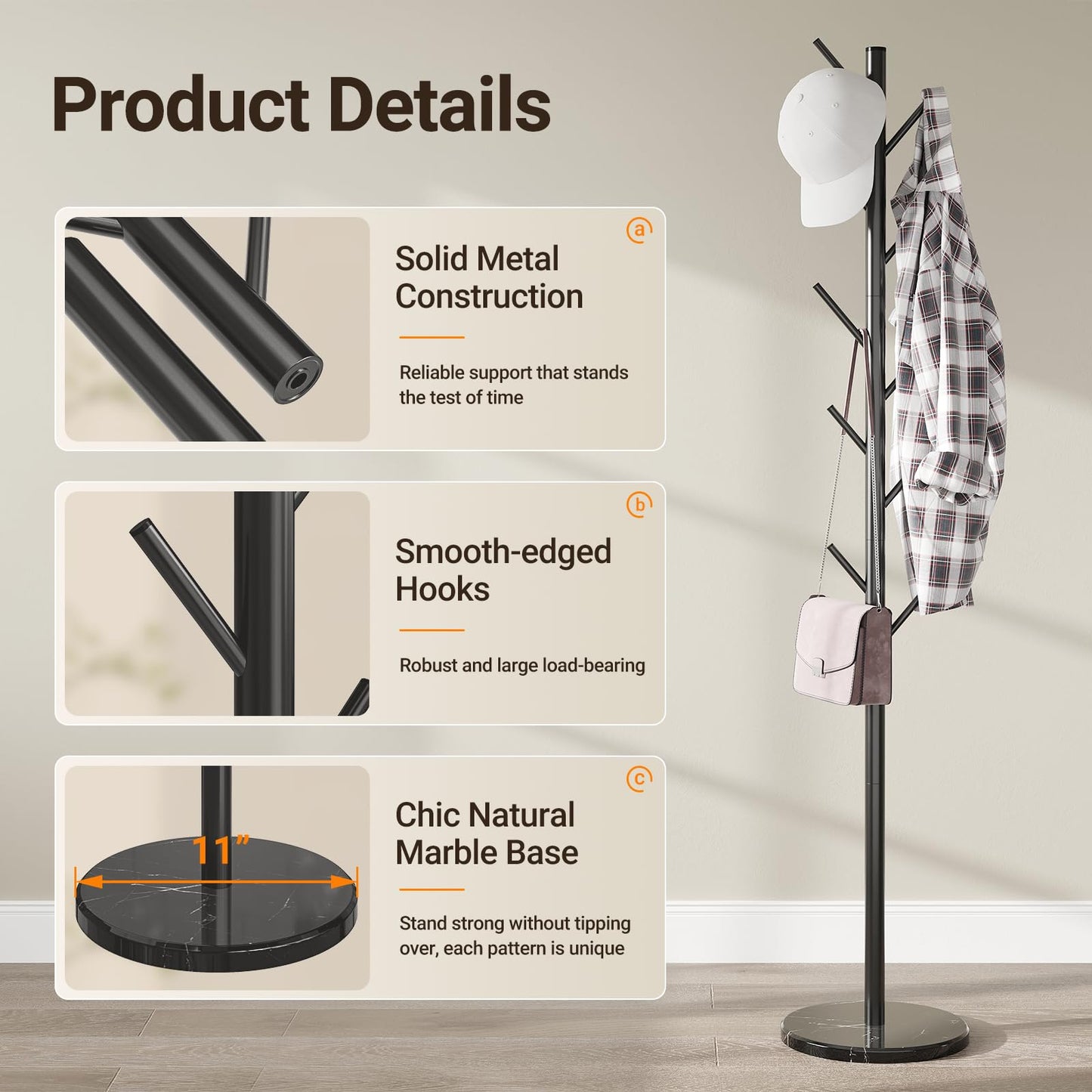 ELYKEN Coat Rack Freestanding with Natural Marble Base, Metal Coat Rack Stand with 10 Hooks, 3 Adjustable Size Coat Tree for Bags, Clothes, and Hats for Entryway, Bedroom, Hallway, Office, Black