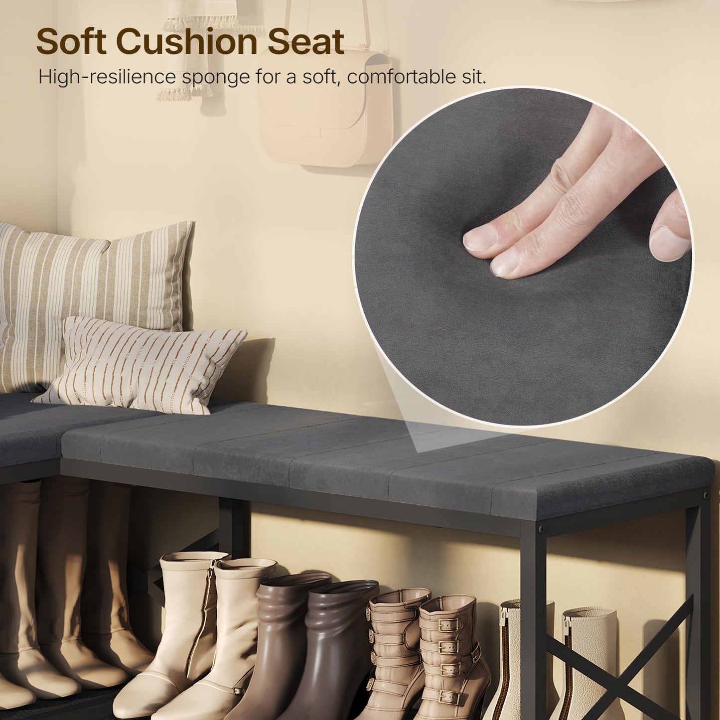 YATINEY L-Shaped Shoe Bench with Cushion, 59.1" Entryway Shoe Storage Bench