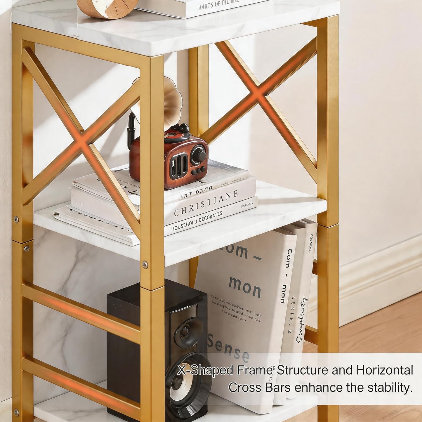 MNEETRUNG Small Bookshelf,3 Tier Industrial Bookcase with Metal Frame and Backboard,Low White and Gold Book Shelf,Book case for Small Spaces,Living Room,Bedroom and Home Office