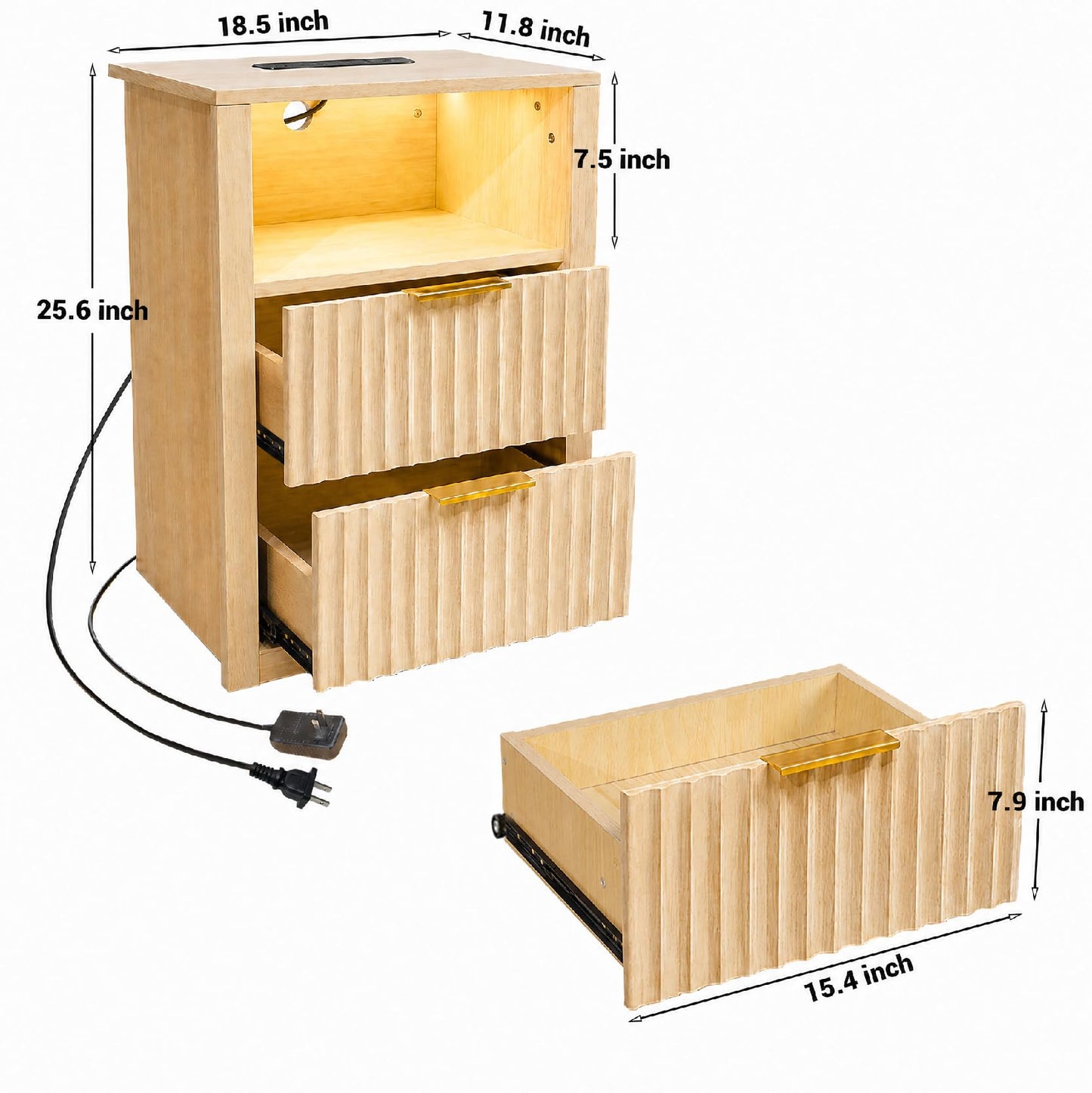 Fluted Nightstand with Charging Station & LED Light, 2 Drawer Bedside Table with Open Shelf, Modern Mid Century End Table with USB Outlet for Bedroom, Small Spaces, Oak, 18.5" x 11.8" x 25.6"