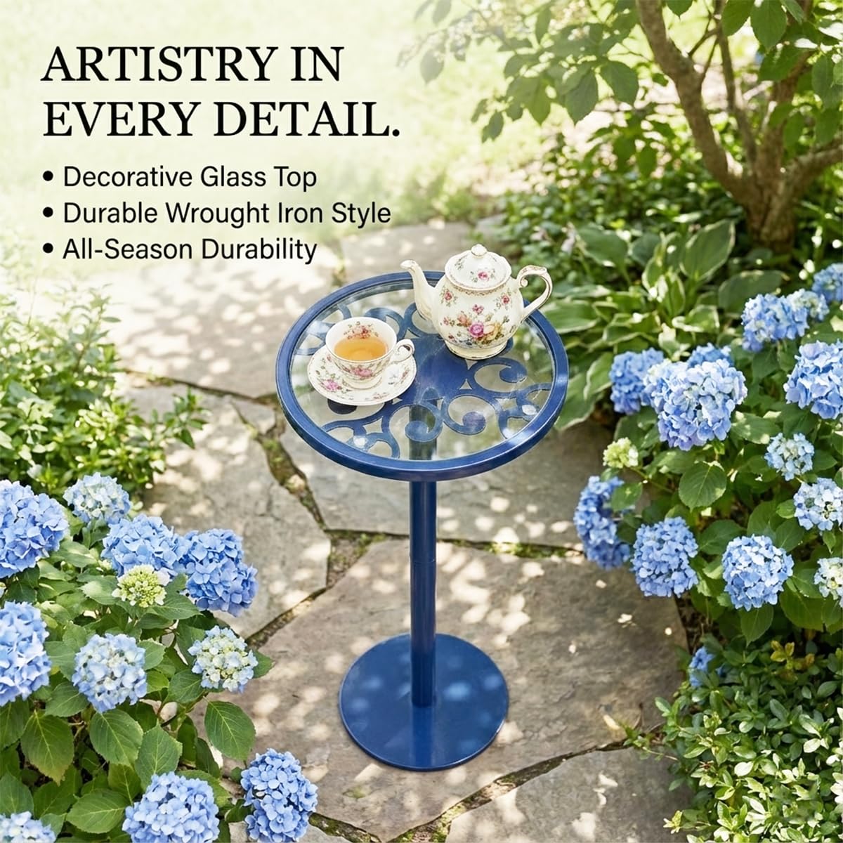 ZEXVIDA Navy Blue Drink Table, Indoor Outdoor Small Round Side Table with Tempered Glass & Scroll Design, 24.7" Metal Pedestal End Table for Living Room,Patio, Pool, Coastal Nautical Decor (Navy Blue)