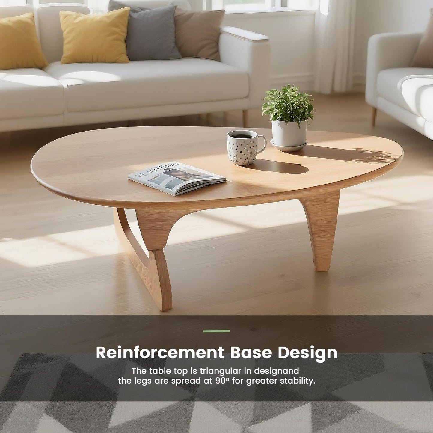 Modern Triangle Coffee Table: Unique Funky Soild Wood Coffee Tables for Living Room, Wooden Oval Mid-Century Modern Abstract Tea Tables for Patio Office Balcony Natural 43" L x 31" W x 16" H