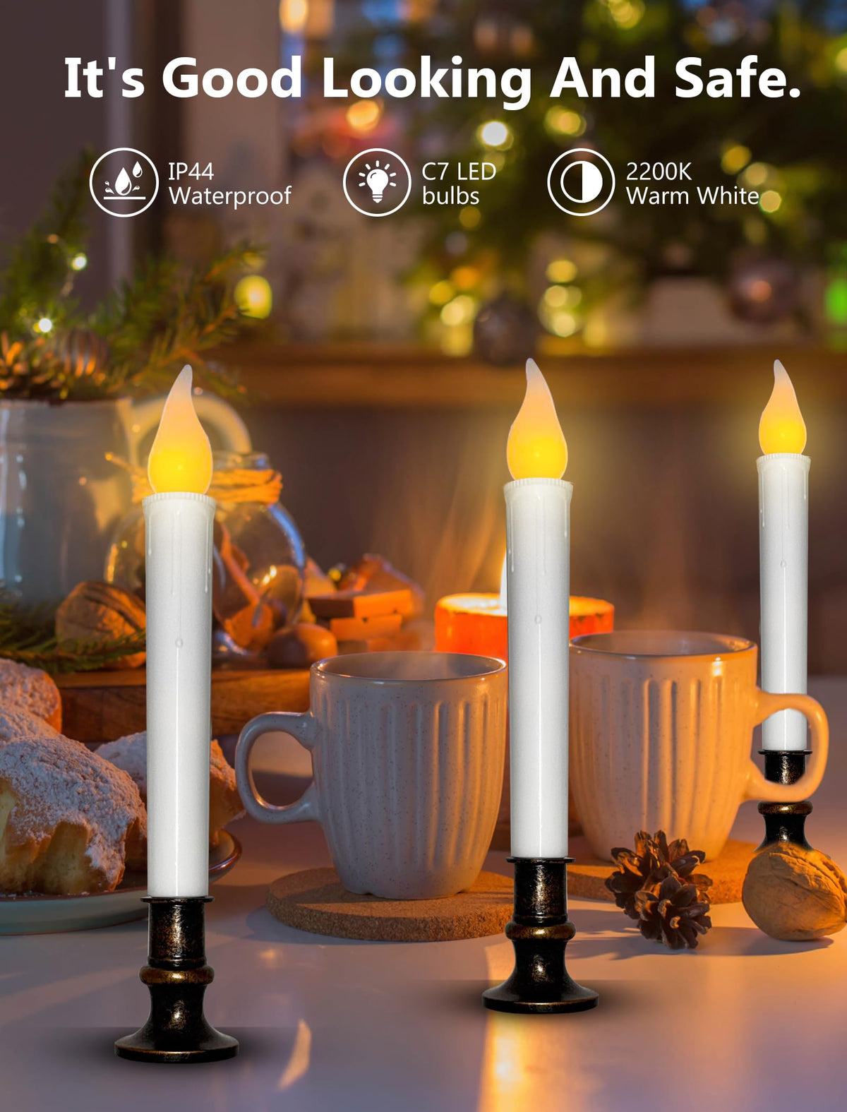 Xingzd 4 Pack Christmas Battery Operated LED Window Candles with Timer, 7.75" Teardrop Flameless Candle Lamp with 4 Suction Cups for Indoor Party Mantels Table Birthday Home Decor, Bronze
