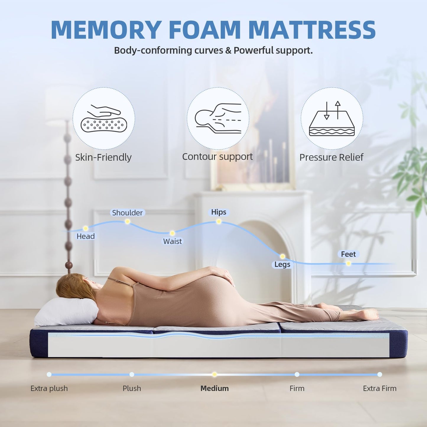Lansteen Cooling Foldable Mattress, 6 Inch Memory Foam Mattress/Topper With Cold Breathable Effect, Trifold Mattress For Murphy Bed, Portable Folding Floor Bed For Guest, Camping, Travel, Yoga - Queen