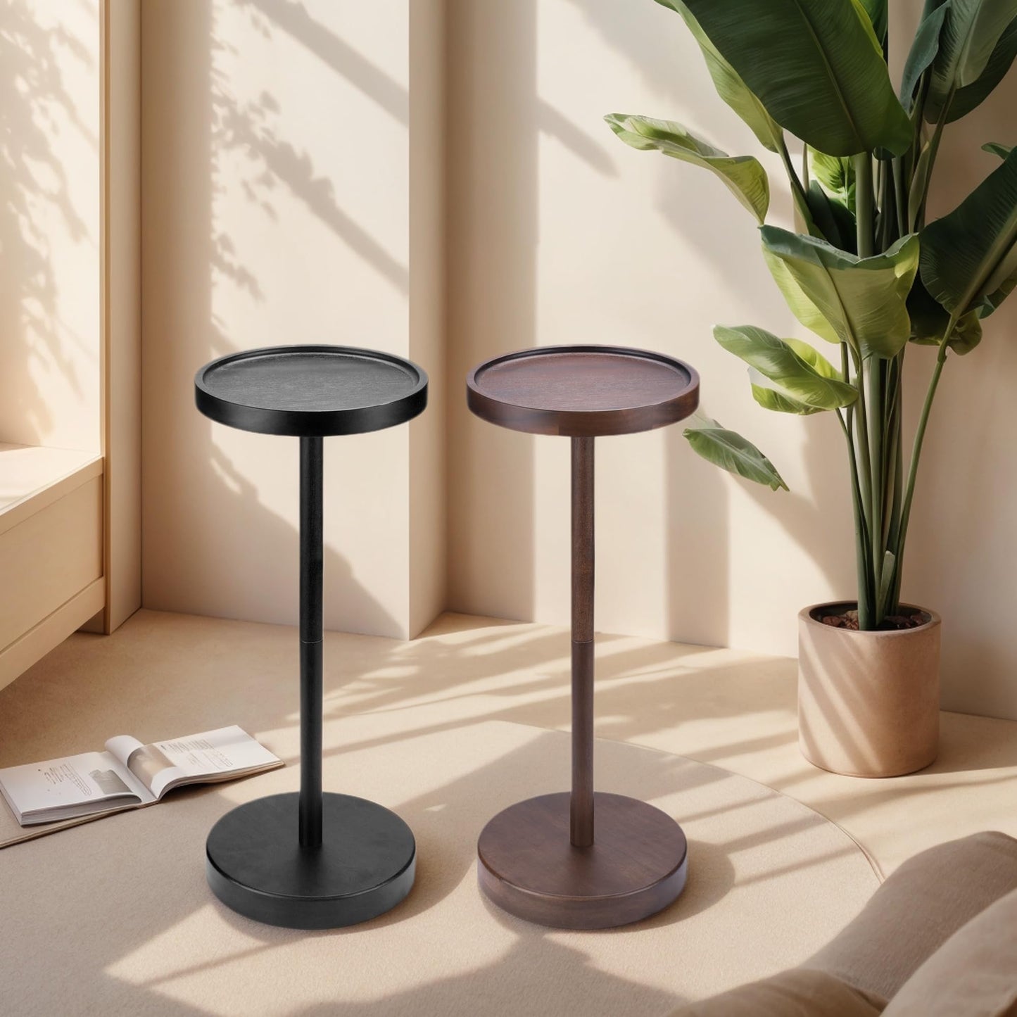 EVERBBKING Solid Acacia Wood Pedestal End Table - Small Round Martini Table