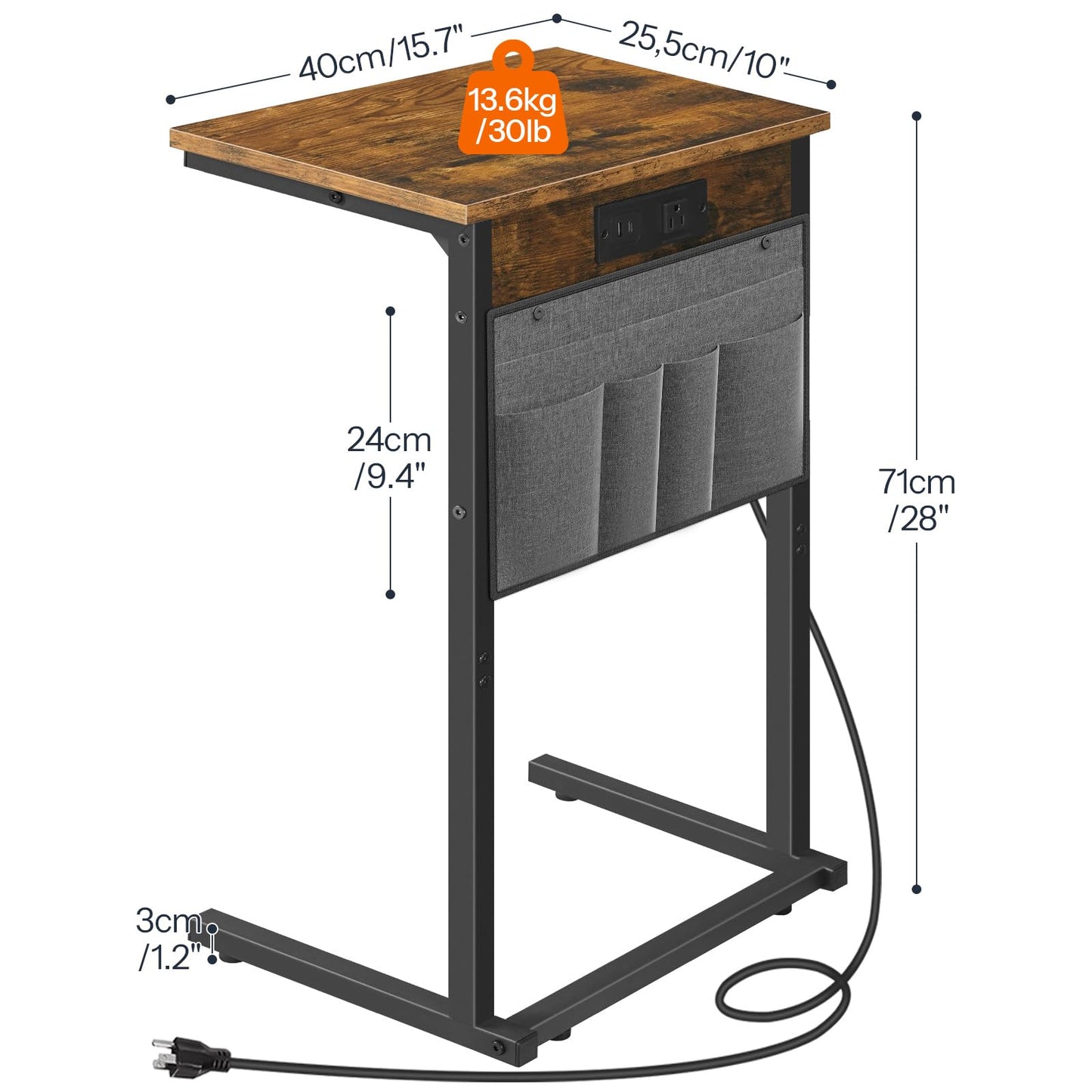 HOOBRO C Shaped End Table with Charging Station, 28" H Couch Side Table Slide Under, Sofa Arm Tray Table with Storage Bag for Living Room, Recliner, Rustic Brown BF70USF01