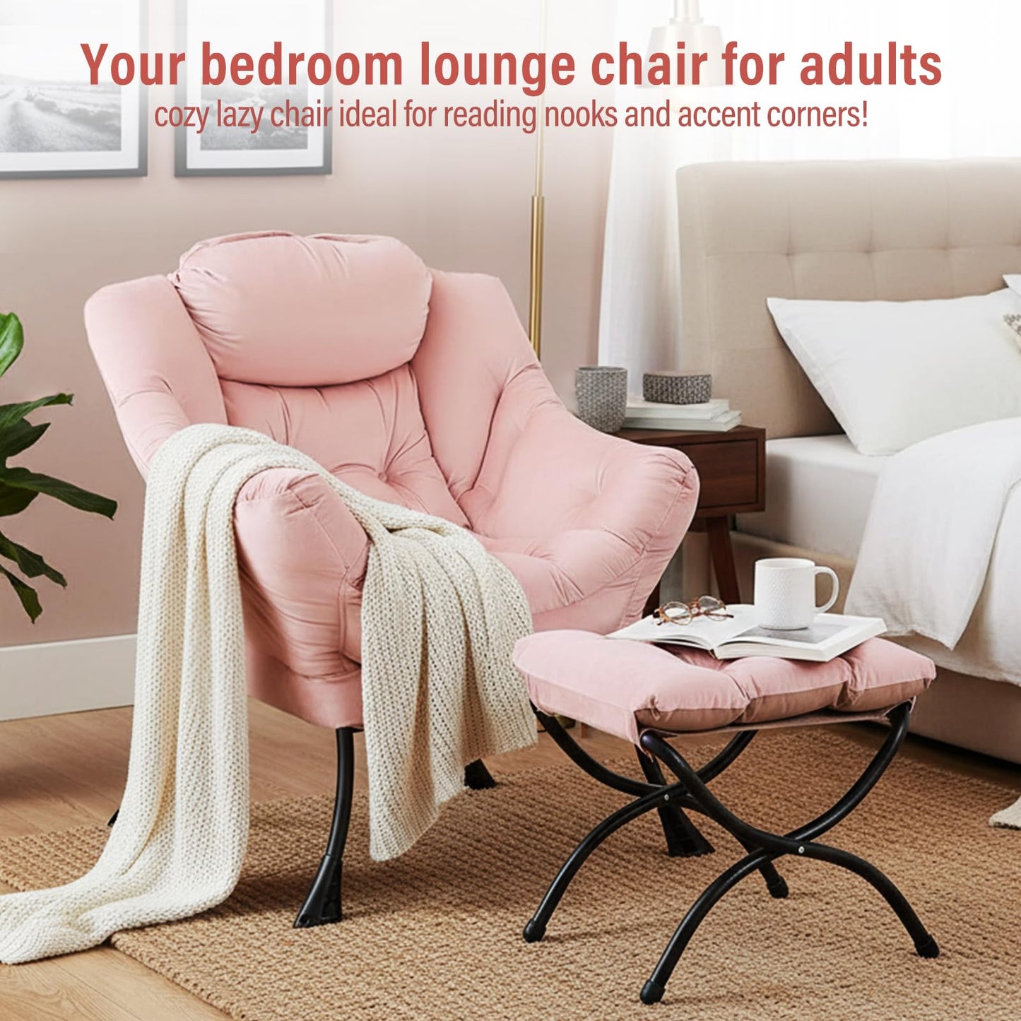 Furlide Lazy Chair with Ottoman, Modern Chair with Folding Footrest, Lounge Accent Chair, Comfortable Reading Chair, Oversized Armchairs for Bedroom, Study, Living Room, Courtyard (Pink)