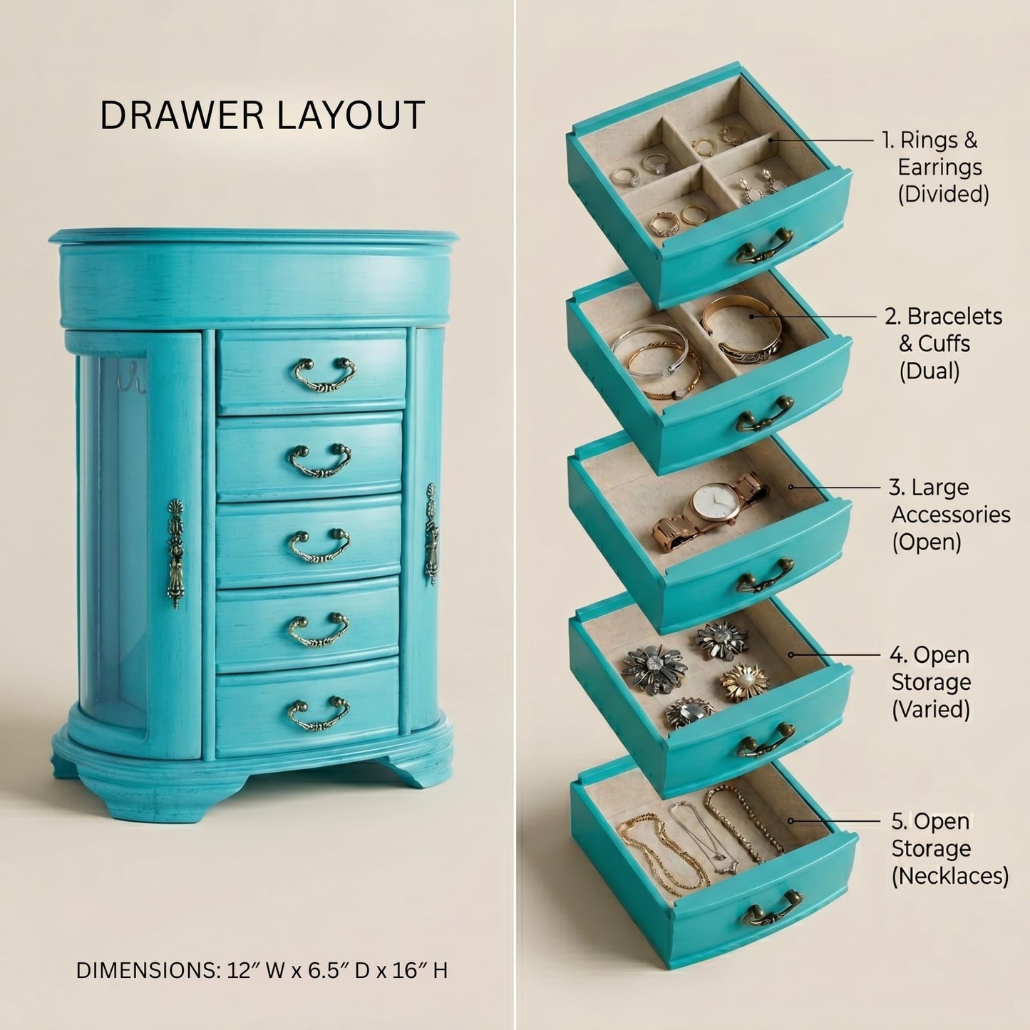 Hives & Honey Daphne Oval Glass Turquoise Jewelry Chest Jewelry Organizer Box Case Mirrored Storage