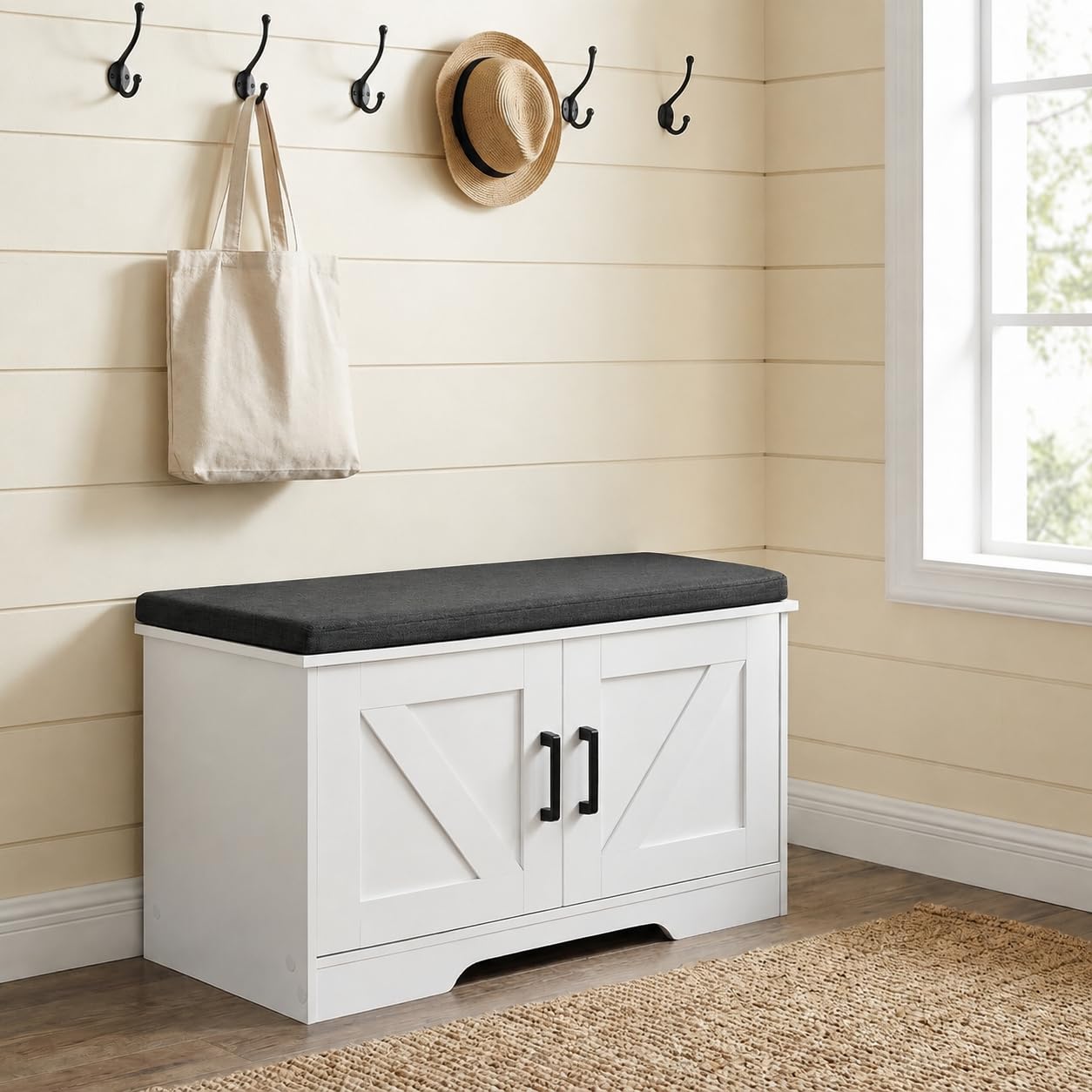 HOMSHO 2-Tier Storage Bench, 27.6" Wide Shoe Bench with Padded Seat Cushion, Entryway Bench with 2 Barn Doors and Adjustable Shelf, White