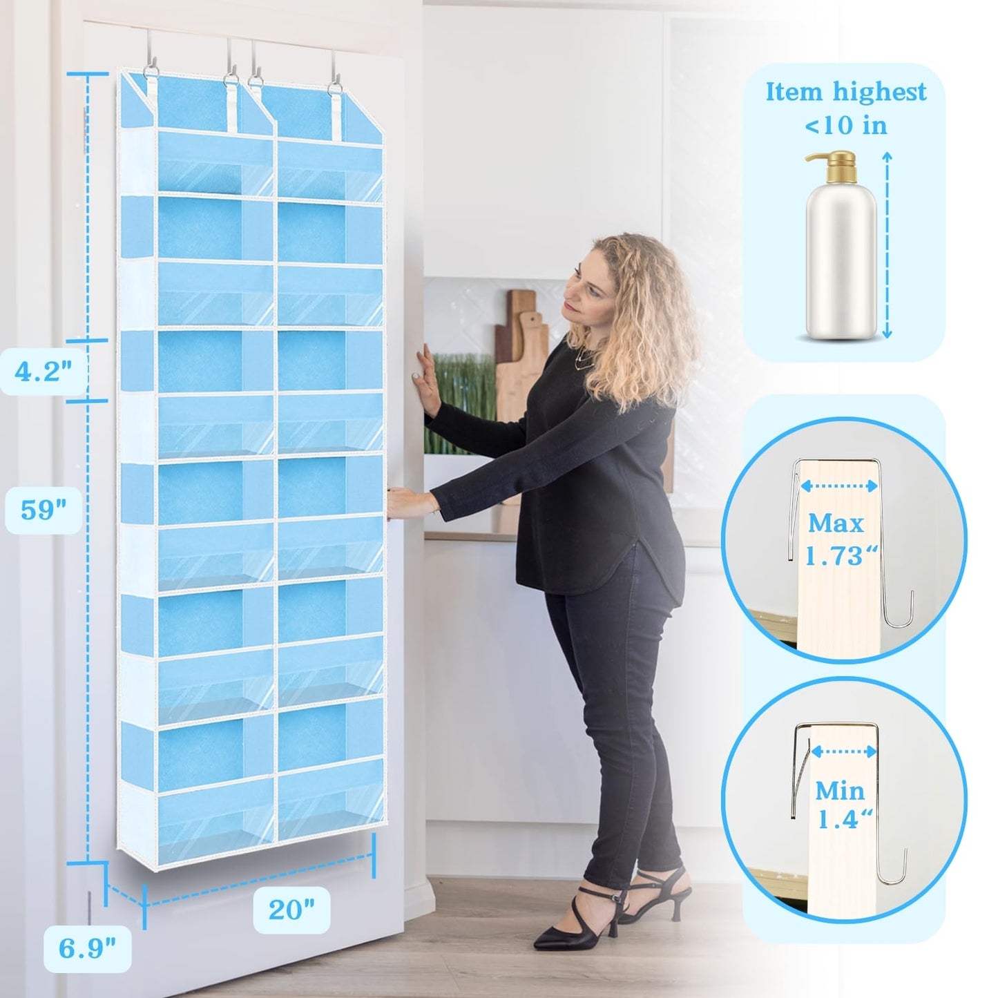 Over The Door Organizer 6 Tiers, Extra Large Behind Door Storage of 12 Compartments, 80 lbs Weight Capacity Hanging Storage Organizer with Clear Window Kids Toys,Shoes,Diapers,Room Storage,Blue