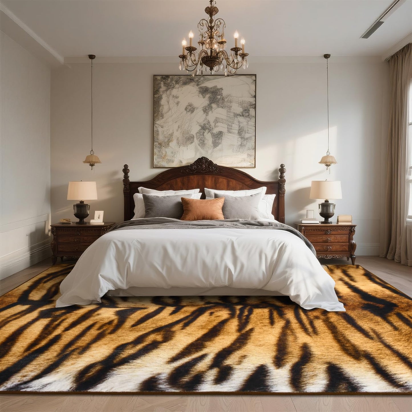DweIke Tiger Rugs for Living Room, 5x7 Soft Faux Animal Tiger Print Area Rug, Washable Non-Slip Stain Resistant Throw Carpet for Dining Room Office Western Home Decor