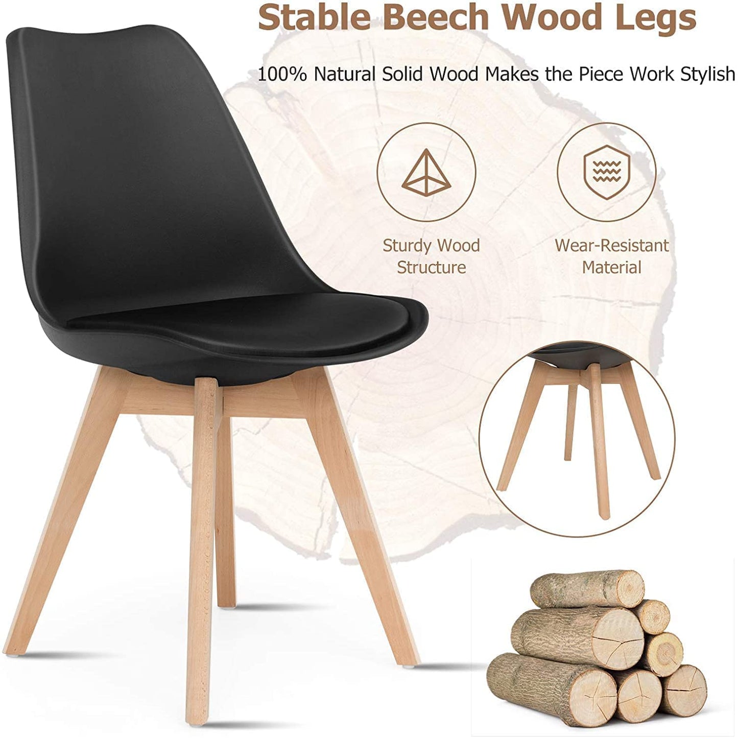 Hysache 4PCS Modern Dining Chairs, High Backrest Armless Chair with Padded Seat & Solid Wood Legs, Mid Century Upholstered Side Chairs for Dining Room, Living Room, Kitchen (Black) (HW67271)