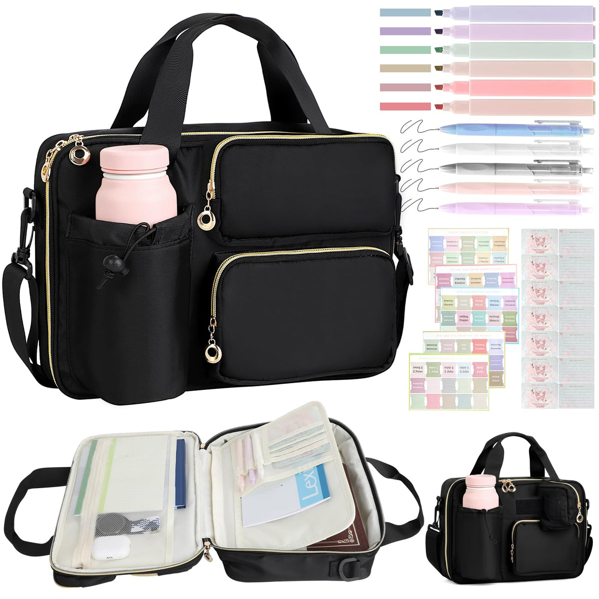 Bible Cover Case for Women, Large Bible Bag with Removable Pencil Case, Water Bottle Pocket and Shoulder Strap for Bible Study Supplies, Church Carrying Journaling Kit, Christian Gift for Women