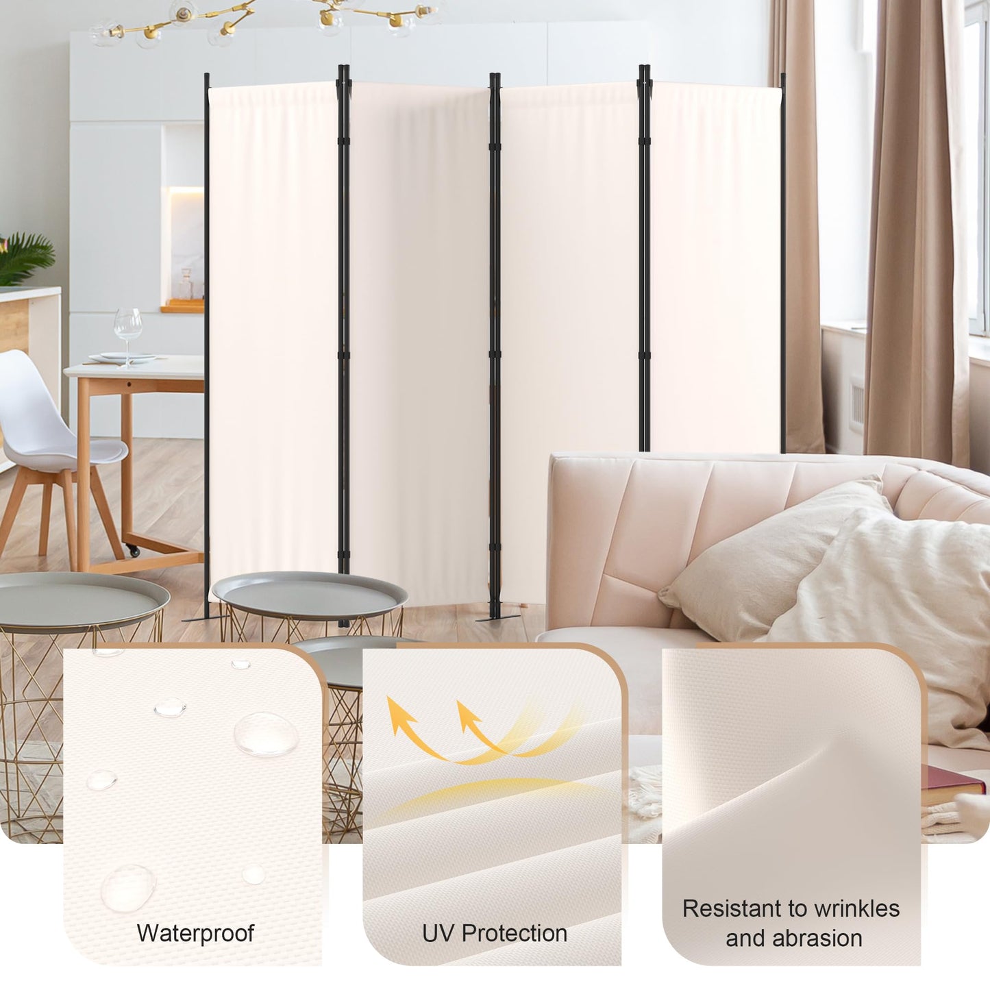 Kecreque Room Divider 4 Panel Partition Room Dividers & Folding Privacy Screens w/ 3 Metal Feet,88" W Portable Wall Doubles as a Dressing Screen Wall Divider for Office Bedroom Children's Room,White