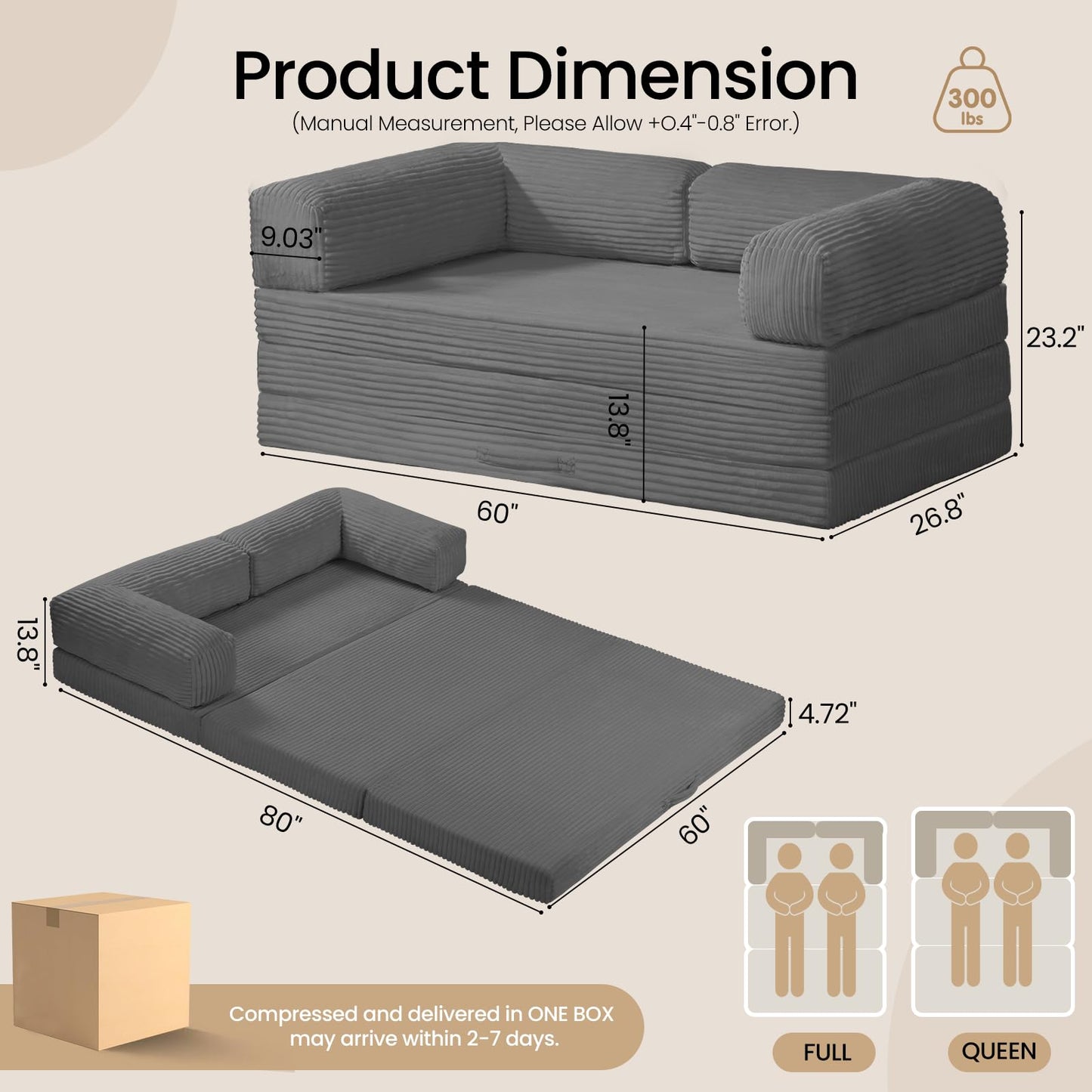 AOLVDOW Tri-Fold Foldable Mattress, Convertible Folding Sofa Bed with Removable Arms & Washable Cover, All-in-One Portable Mattress Floor Sofa Bed, No Assembly Required & Non-Slip, Queen Size, Grey