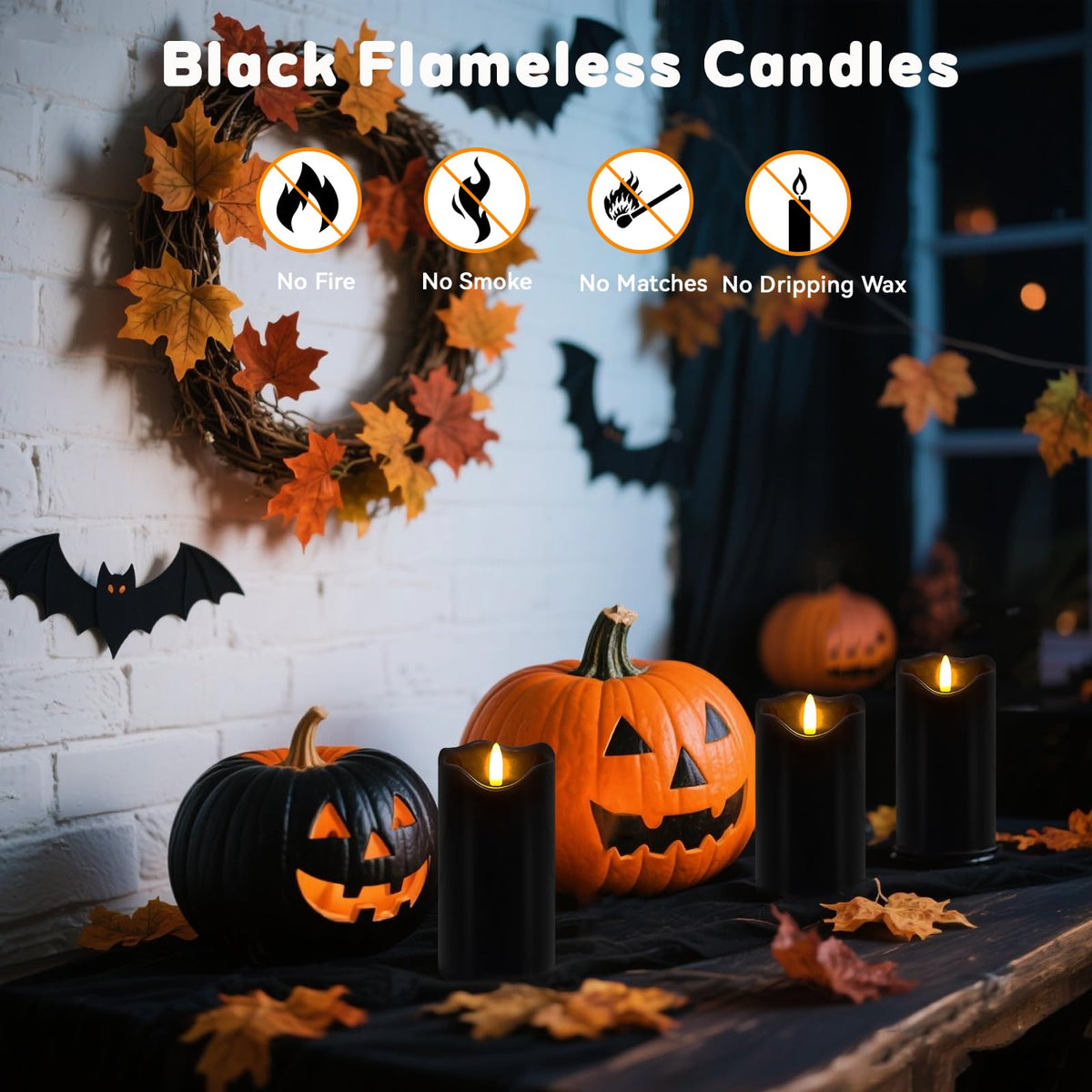 Black Flameless Candles, Set of 2 6"x3" Flickering LED Candles with Remote & Timer, Dimmable Real Wax Electric Pillar Candles Battery Operated, Flameless Candles Light for Home Halloween Decor (Black)