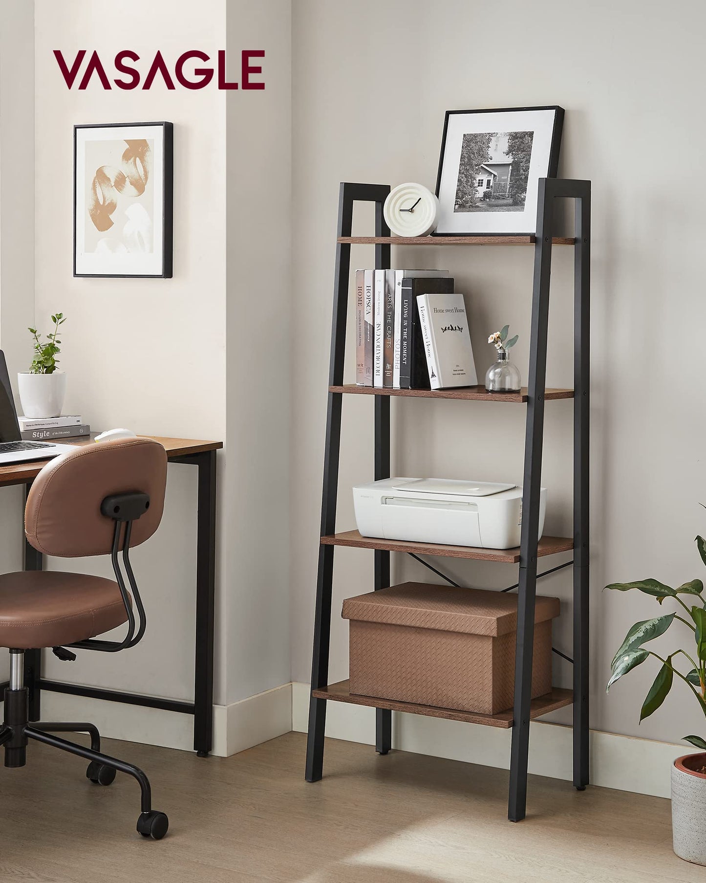 VASAGLE BARNET Collection - Ladder Shelf, Bookshelf, Storage Rack, Modern Bookcase for Living Room Home Office Kitchen, Steel Frame, 4-Tier, 22-Inch Wide, Hazelnut Brown and Ink Black ULLS044B03