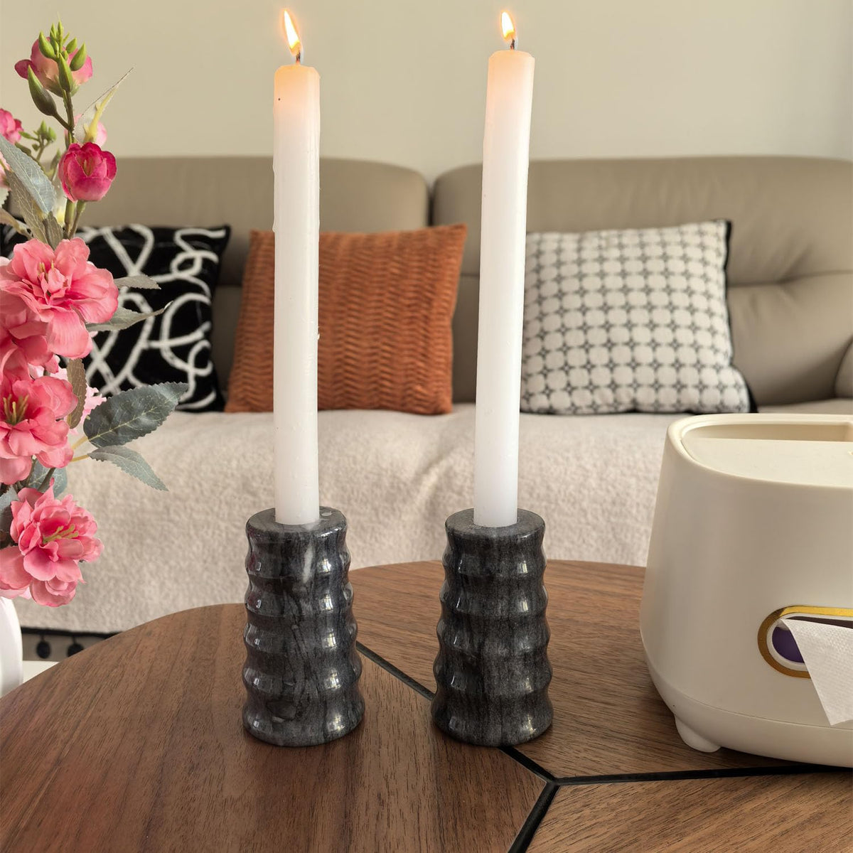 Marble Candlestick Holders, Set of 2 Natural Stone Candle Holder Decorative Candle ，（Marble Black）