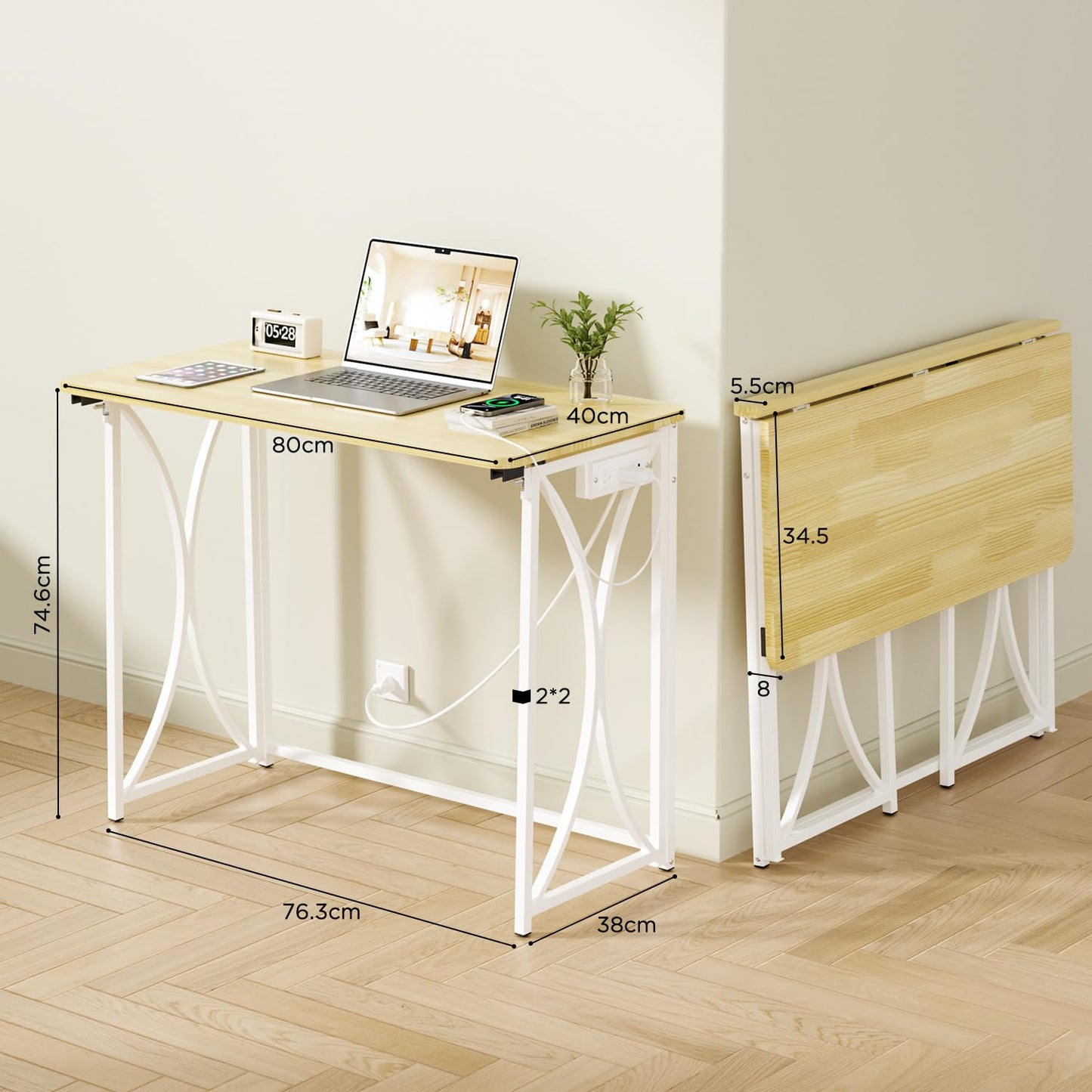 coeztt Mini Desk, 31.5" Small Desk for Bedroom with Power Outlet, Foldable Desks for Small Spaces & Home Office, Easy Assembly, Beige Floor Patten