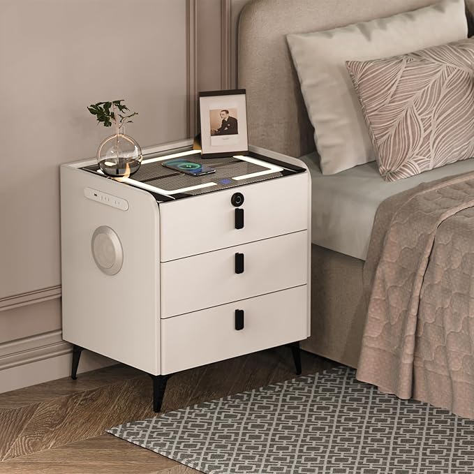 Smart Nightstand with Wireless Charging, with Fingerprint Lock Drawer, Night