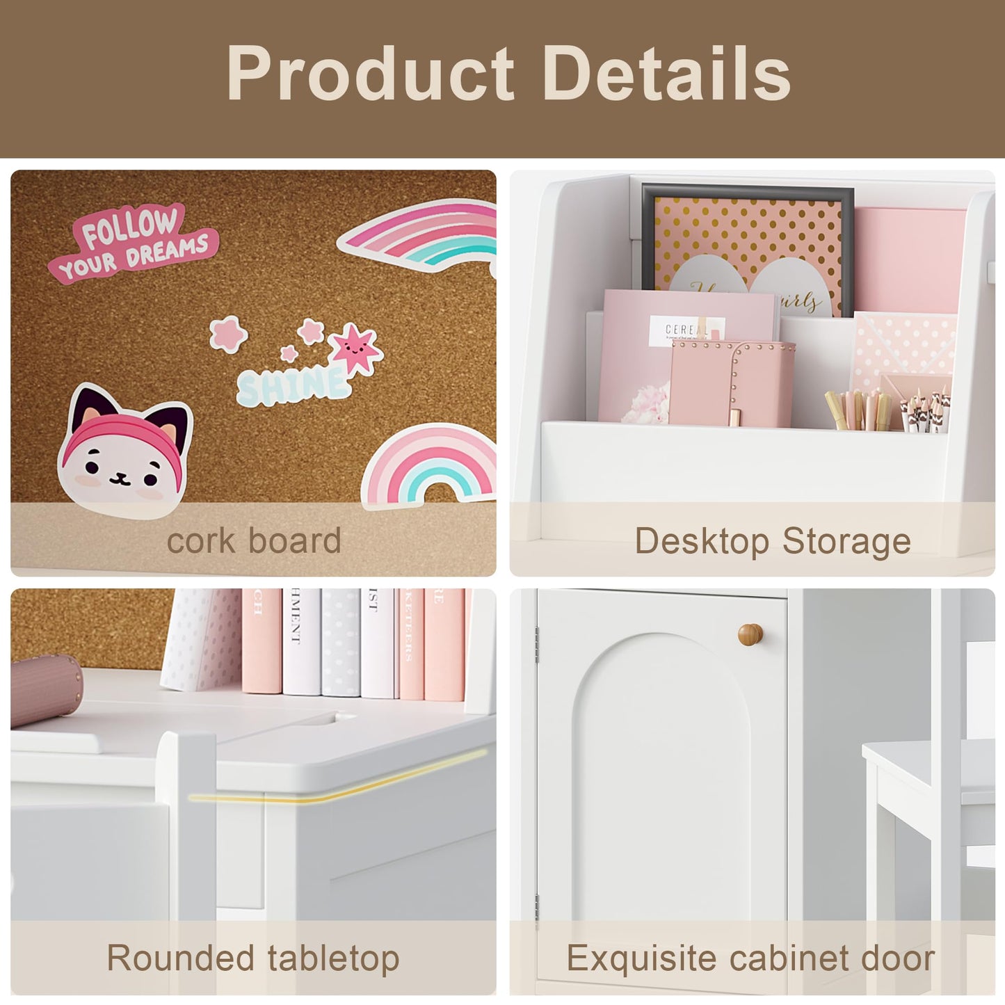 Treocho Kids Study Desk and Chair Set, Kids Desk with Hutch and Tiltable Desktop for 3-8 Years Old, Wooden Children Study Table with Storage Cabinet, Student Writing Desks Bedroom, Home School, White