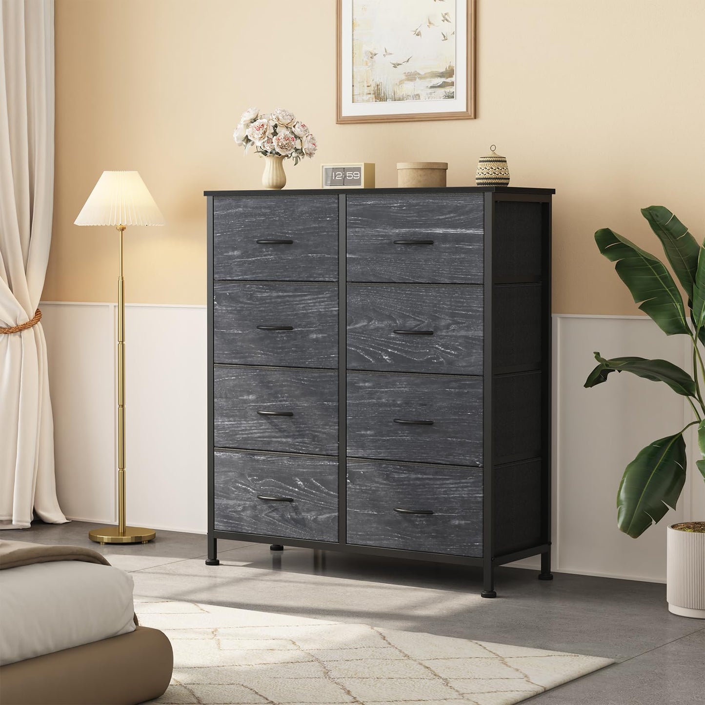 Sweetcrispy 8 Drawer Fabric Dresser for Bedroom, Tall Double Dresser Chest of Drawers with Sturdy Steel Frame and Wooden Top, Storage Organizer with Easy Pull Handles,Black Wood Grain