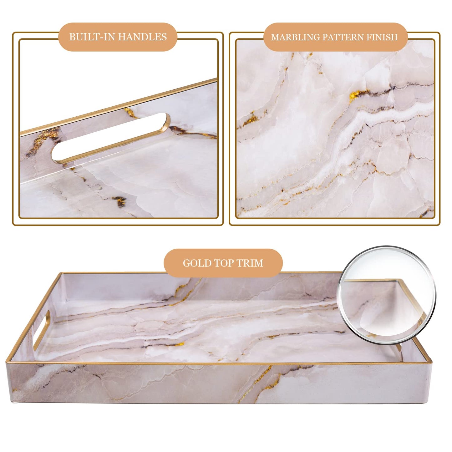 MAONAME Plastic Decorative Tray, Marbling Tray with Handles, Rectangular Coffee Table Trays, Serving Trays for Ottoman, Bathroom, Kitchen, 15.7” x 11.8”, White