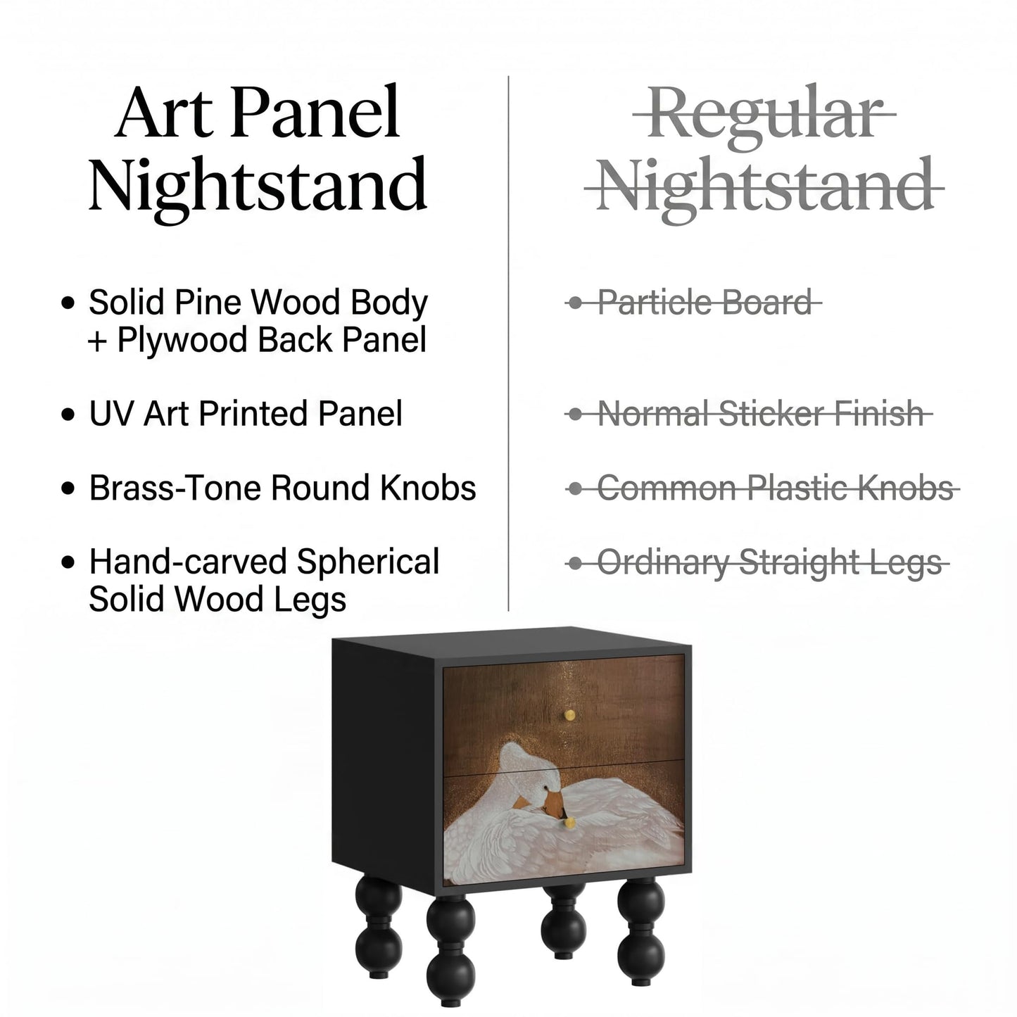 Pine Wood Art Panel Nightstand with Swan Art Pattern, 2 Drawer Turned Legs Bedside Table, Easy Assembly Artistic Bedroom Storage Cabinet