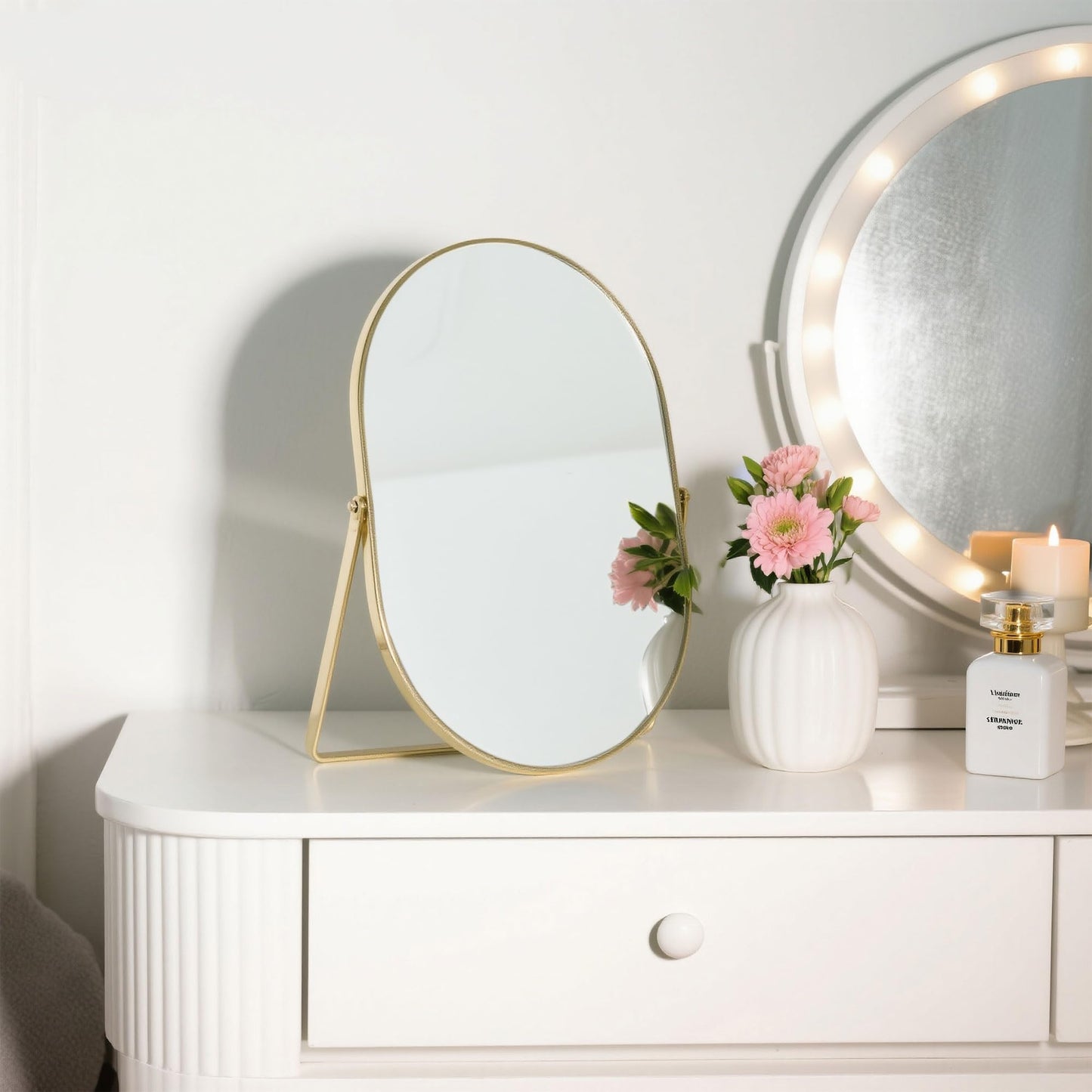 Feyarl Oval Vanity Table Mirror 12x8 Inch Desk Makeup Mirror Decorative Standing Cosmetic Mirror for Bedroom Bathroom Desk Dresser Table Desktop (Gold)