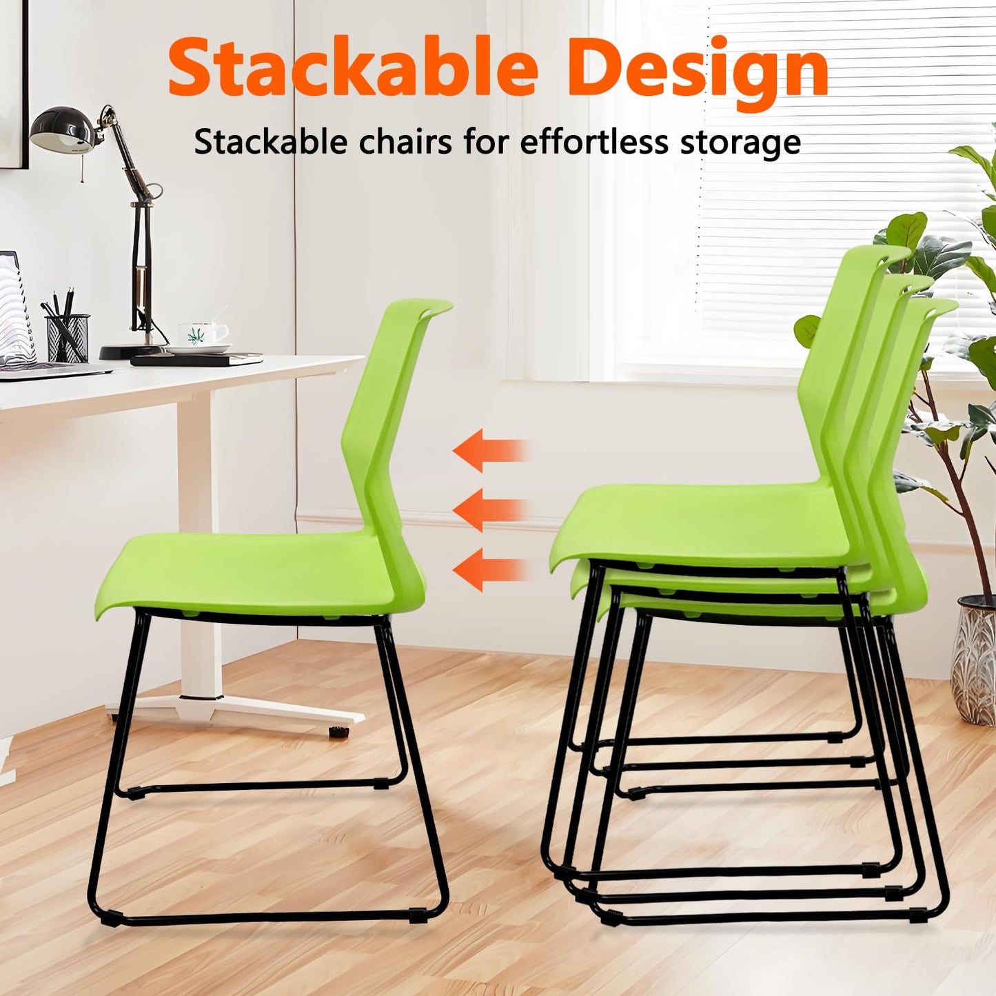 KLASIKA Stackable Guest Reception Chairs, Stacking Office Chair with Ergonomic Lumbar Support & Metal Legs, Plastic Desk Chairs for Conference School Church Waiting Meeting Break Room Set of 12, Green