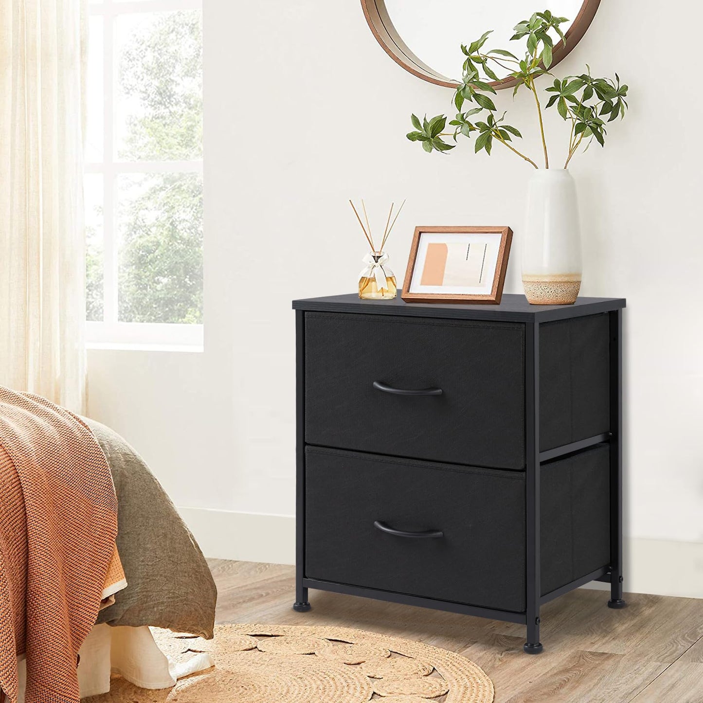 DUMOS Nightstand Set of 2, Small Dresser with 2 Fabric Drawers Side Bedroom End Table Kids Bedside Storage Furniture for 25 inch Tall Night Stand for Closet, Entryway, College Dorm, Classic Black